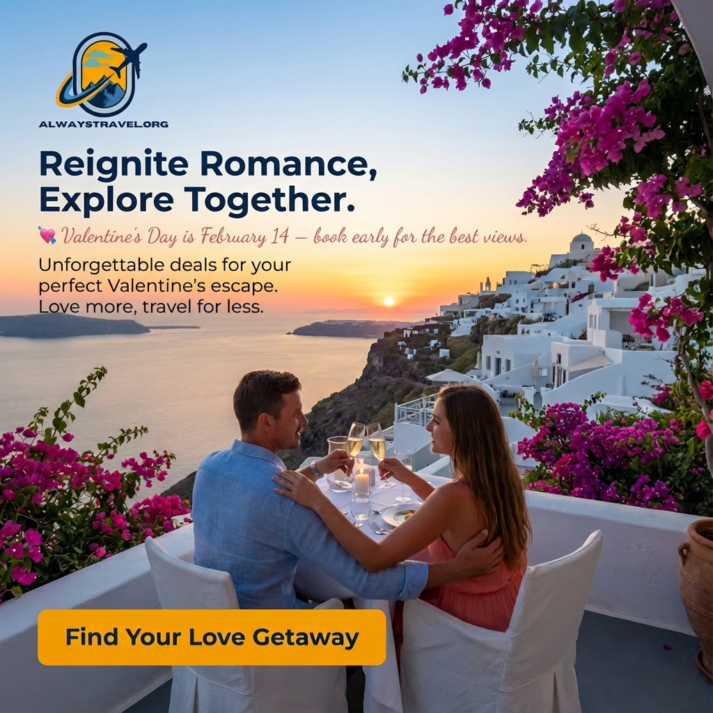 Romantic couple dining at sunset in Santorini, Greece, symbolizing Valentine’s Day travel deals and getaways with Always Travel.