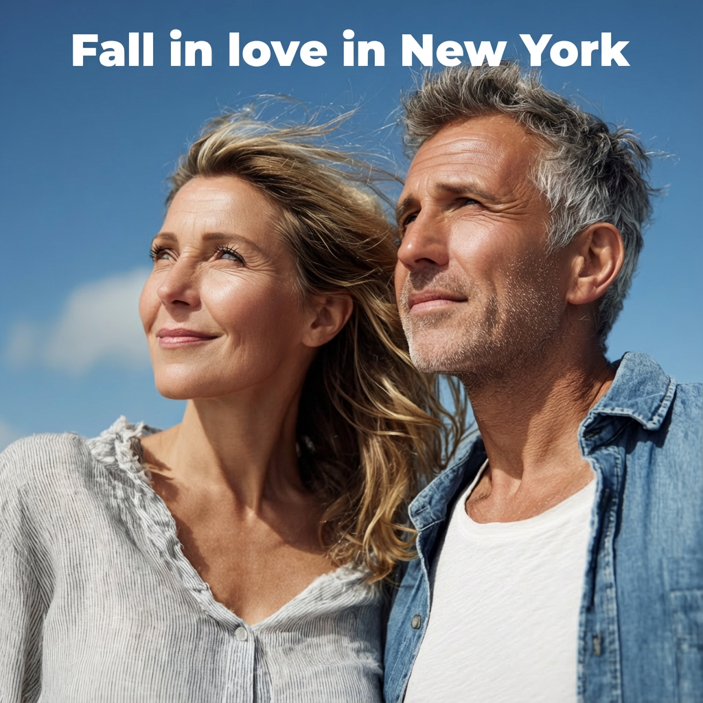 Couple standing close and smiling while looking into the distance under a clear blue sky, with the headline text “Fall in love in New York” at the top.