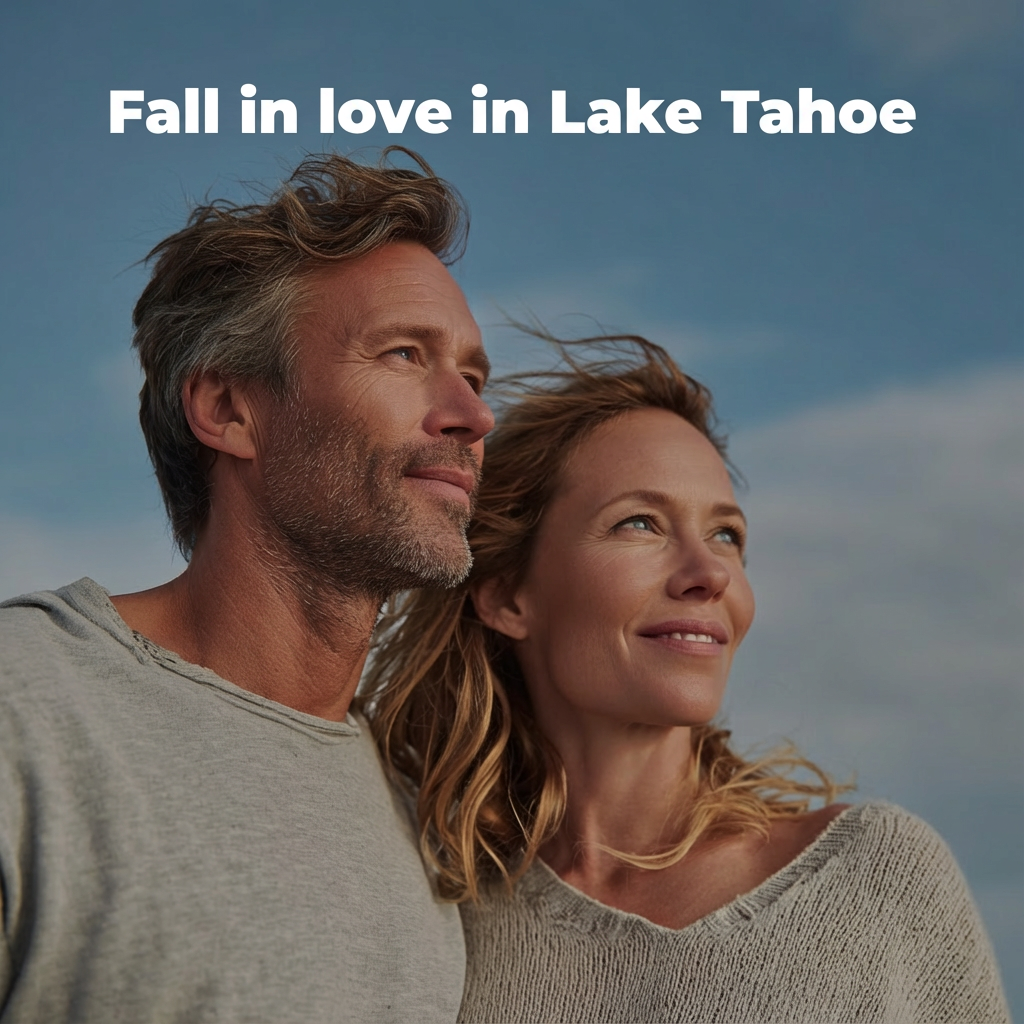 Alt text: Romantic couple looking toward the sky with the headline Fall in love in Lake Tahoe.