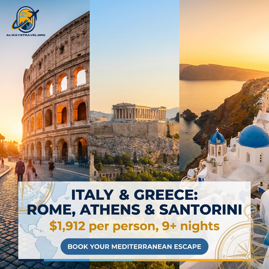“AlwaysTravel.org promo graphic showing a three-panel collage: the Colosseum in Rome at sunset, the Acropolis above Athens in golden light, and whitewashed buildings with blue domes in Santorini overlooking the sea. Text overlay reads: ‘Italy & Greec