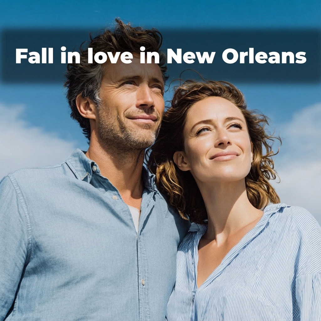 Romantic couple standing close outdoors under a deep blue sky, with large white headline text at the top reading “FALL IN LOVE WITH NEW ORLEANS.”