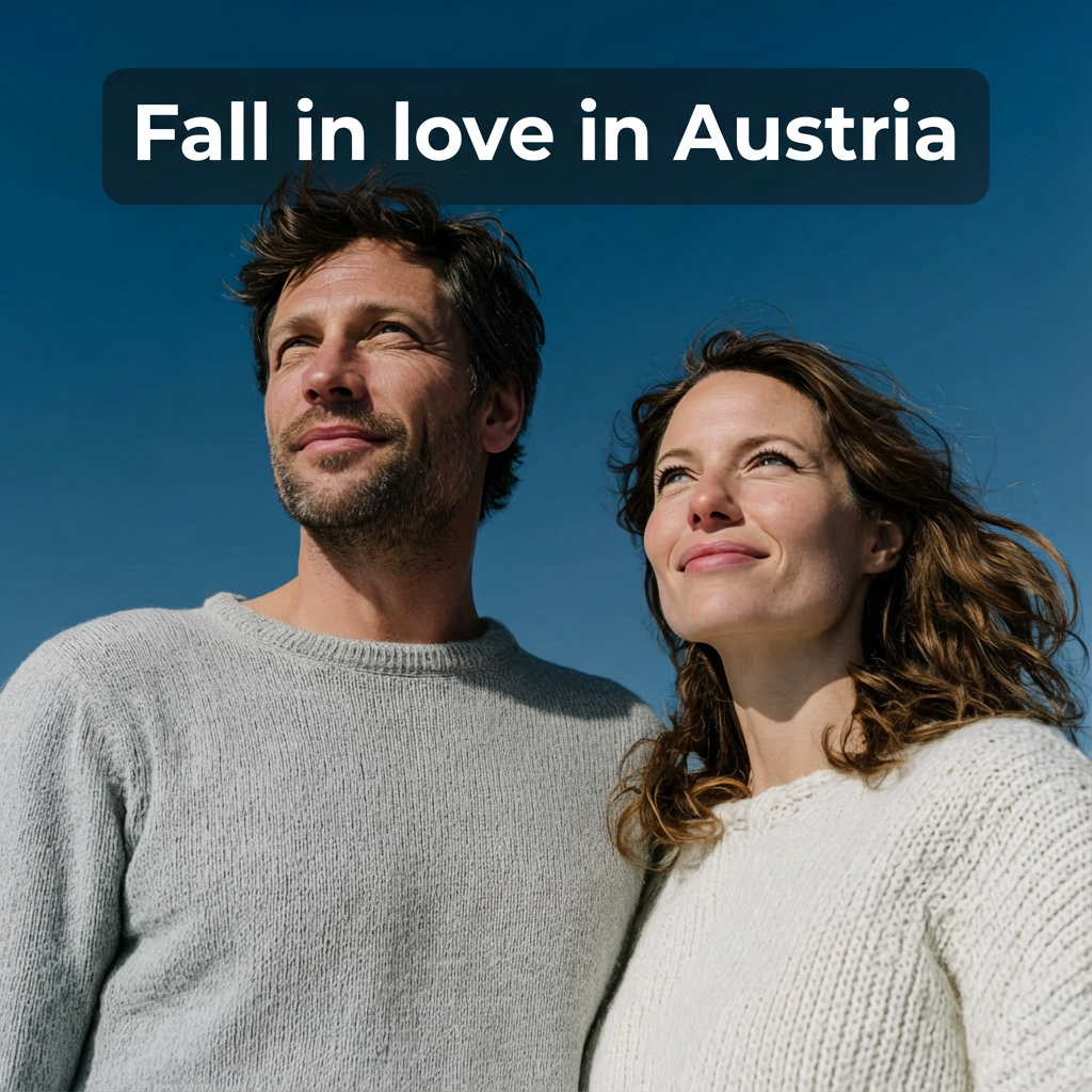 Romantic couple looking up at the sky with a soft blue background, featuring the headline “Fall in love in Austria” in bold white text at the top.