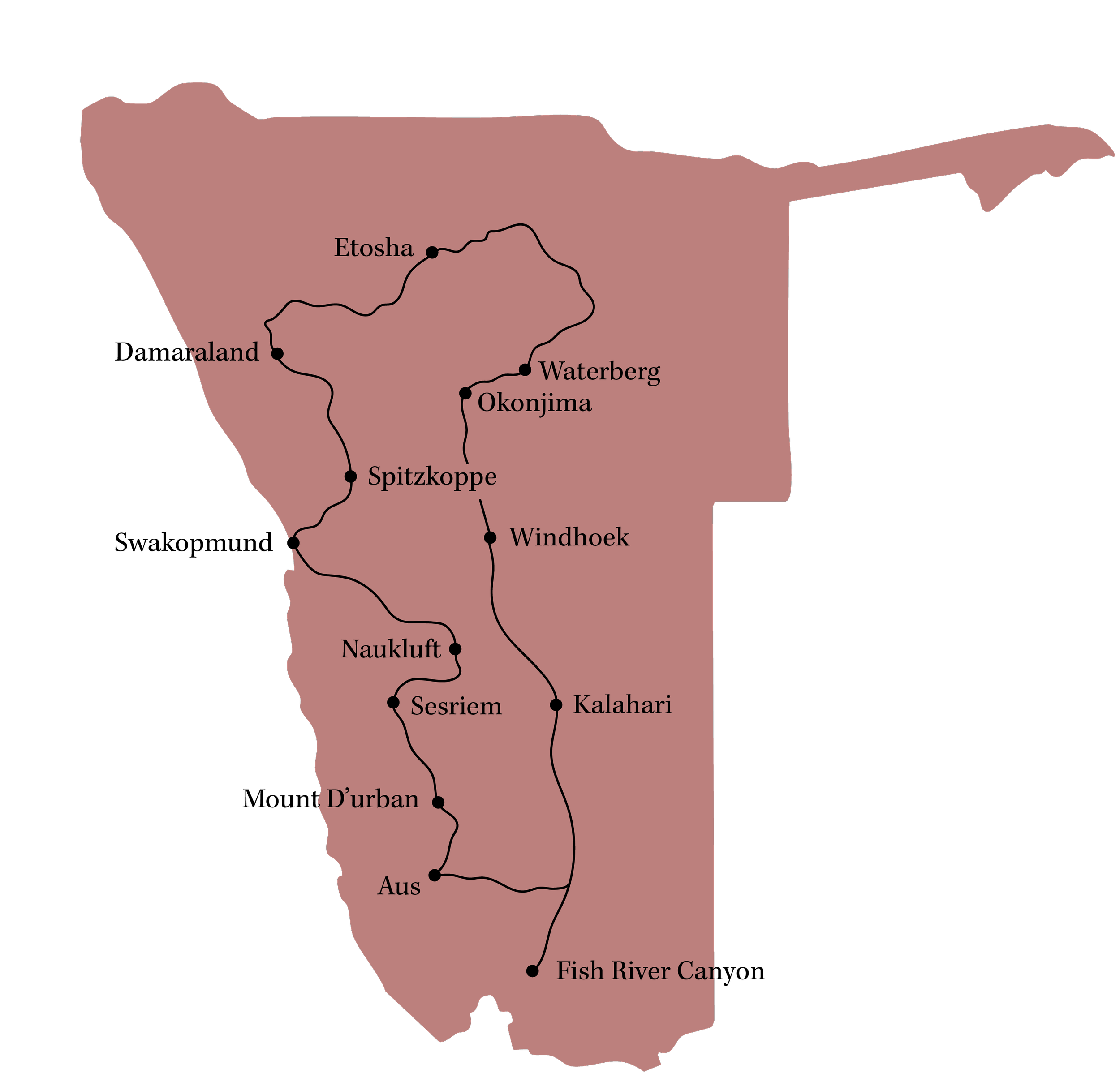 Map of Namibia showing the perfect roadtrip itinerary and travel route, driving around the country