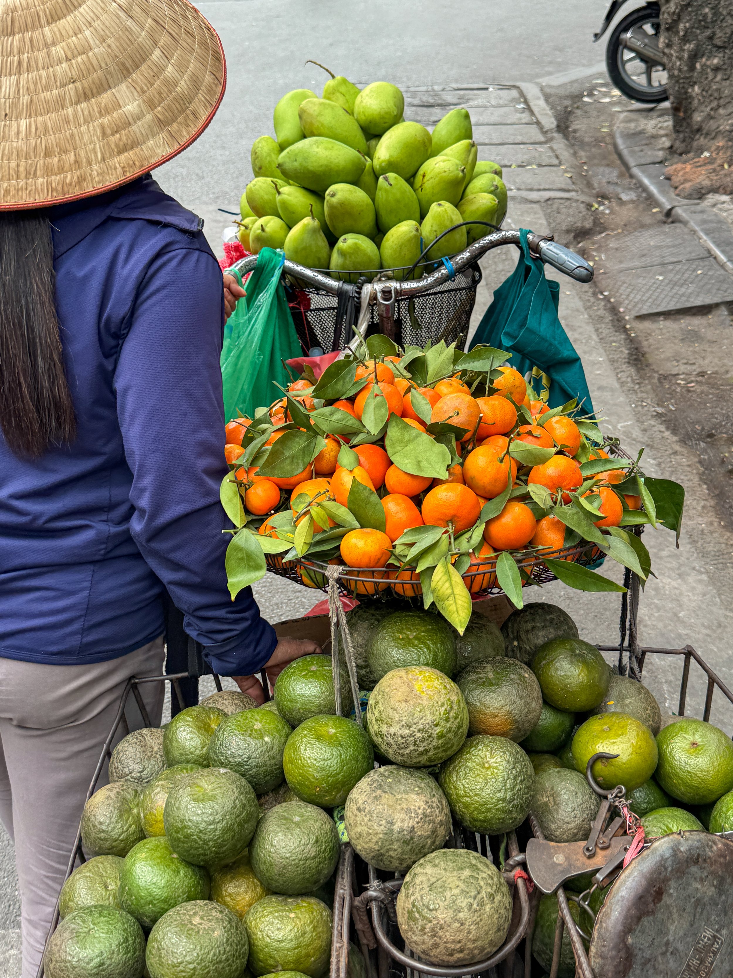 Person with a bicycle carrying baskets of fruits including green mangoes, oranges with leaves, and grapefruits on a city street.