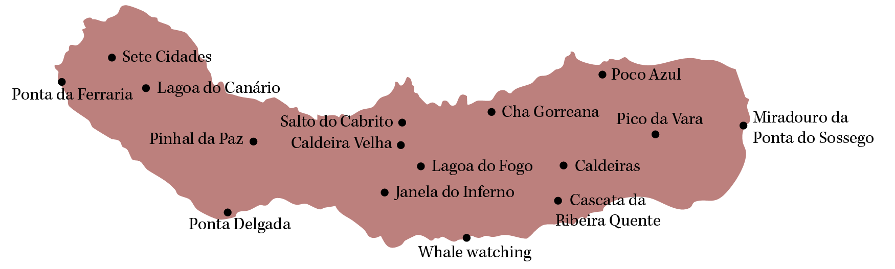 Map of São Miguel, Azores with top travel highlights and must-see places — perfect for planning your trip with the ultimate São Miguel travel guide.