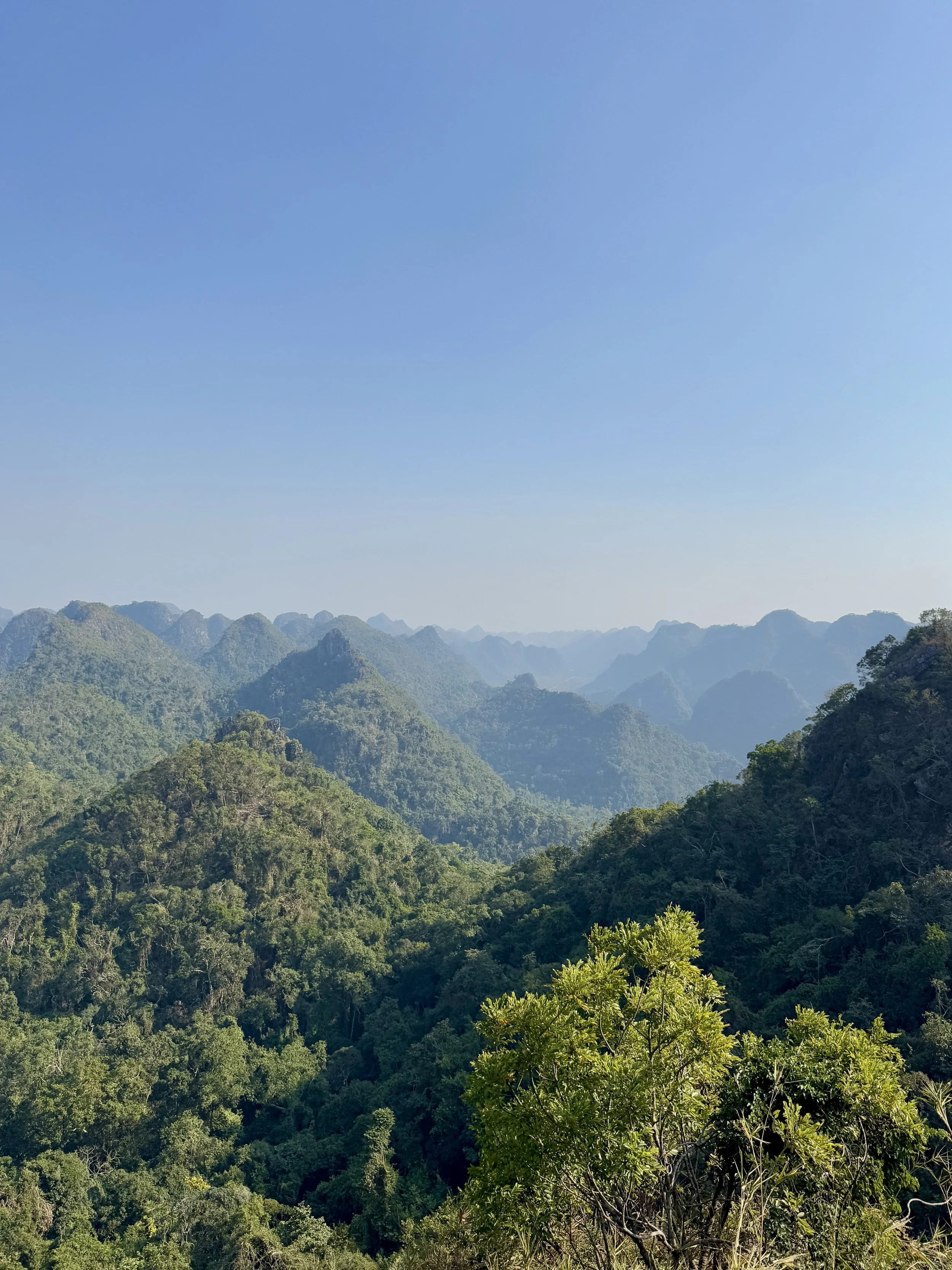 Lush green mountains under a clear blue sky with a wide expansive view.