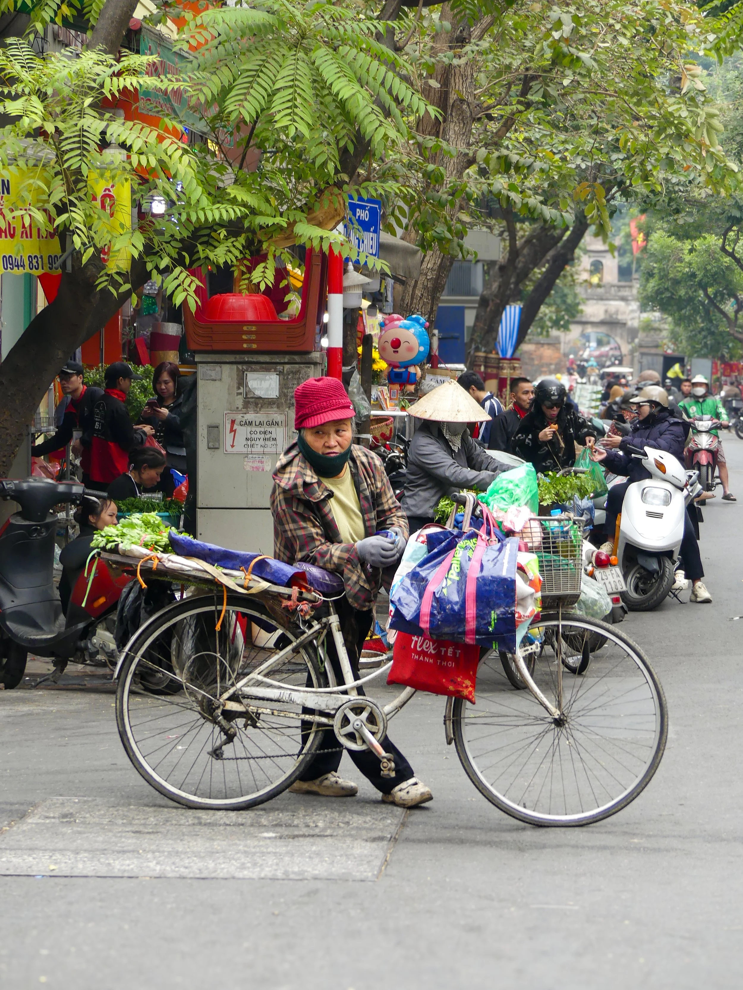 Street scene with a vendor pushing a bicycle loaded with baskets and bags, surrounded by people and motorbikes, under a tree in an urban area.
