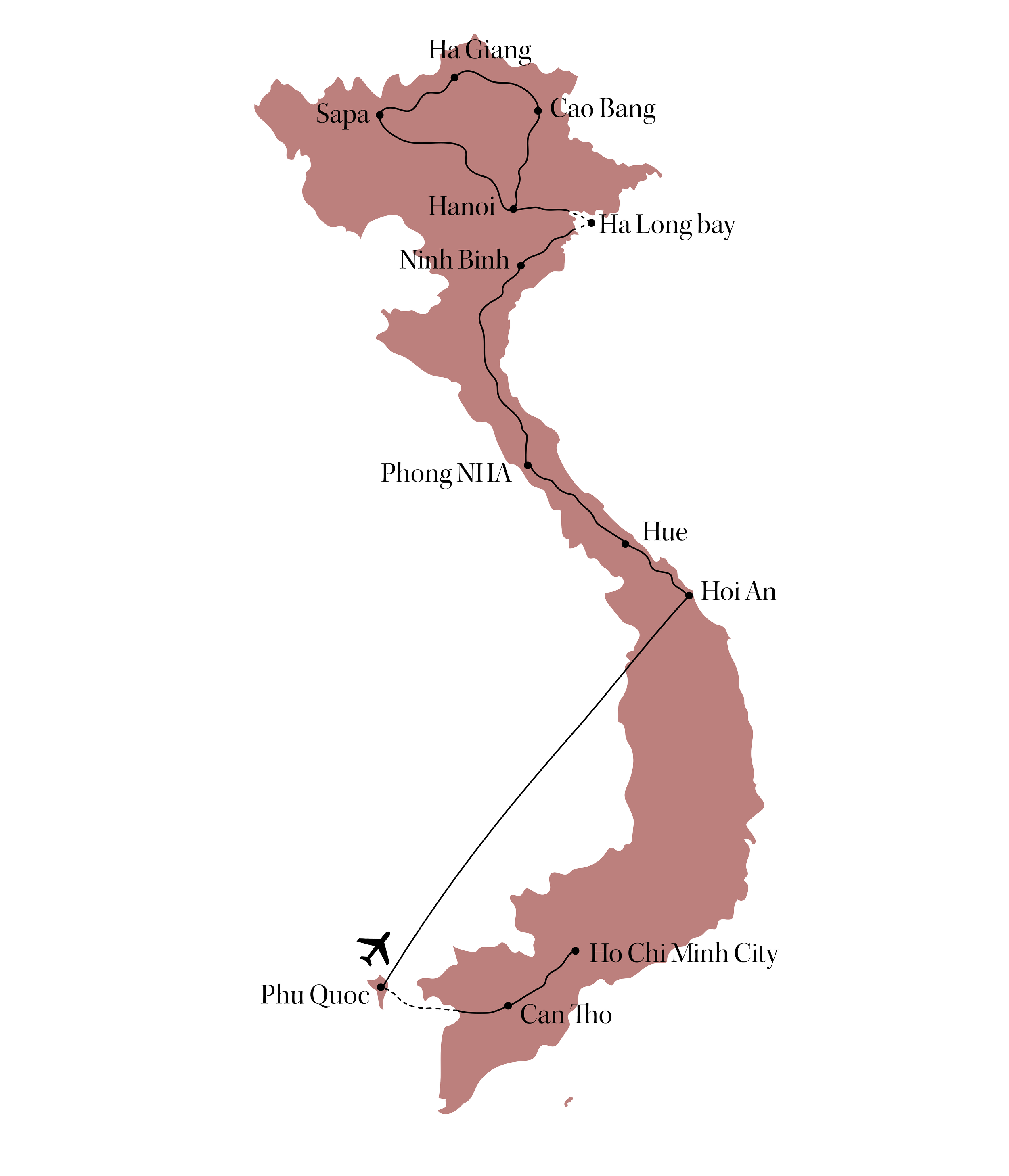 Map of Vietnam highlighting major cities and regions, including Sapa, Ha Giang, Cao Bang, Hanoi, Ninh Binh, Ha Long Bay, Phong Nha, Hue, Hoi An, Ho Chi Minh City, Can Tho, and Phu Quoc. An airplane icon indicates a flight between Ho Chi Minh City and Phu Quoc.