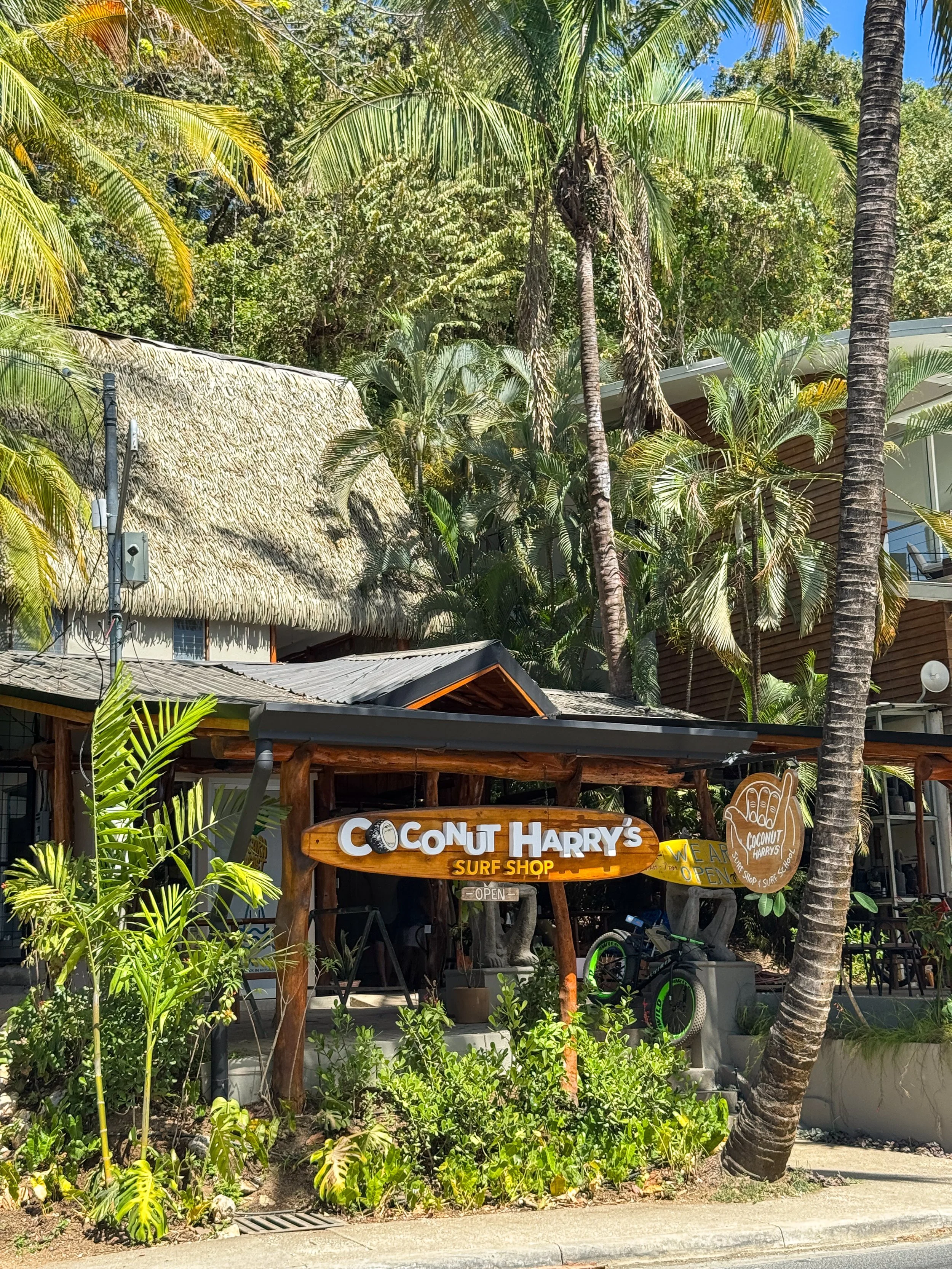 Surf Shop in Nosara Costa Rica surrounded by greenery. A must do activity when visiting Costa Rica is learning how to surf