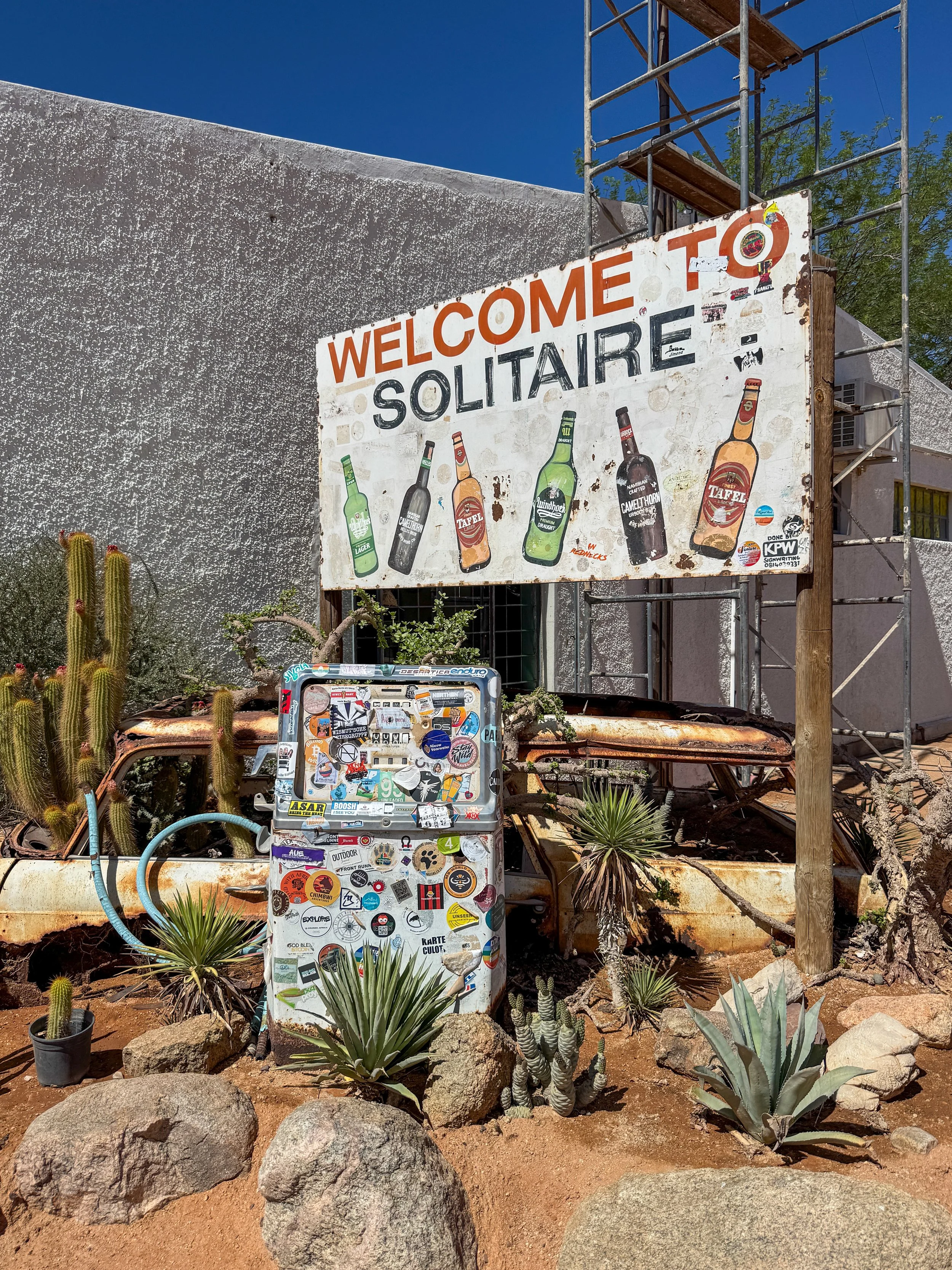 Solitaire Namibia small desert town with iconic gas station and Moose's famous apple pie bakery during road trip stop