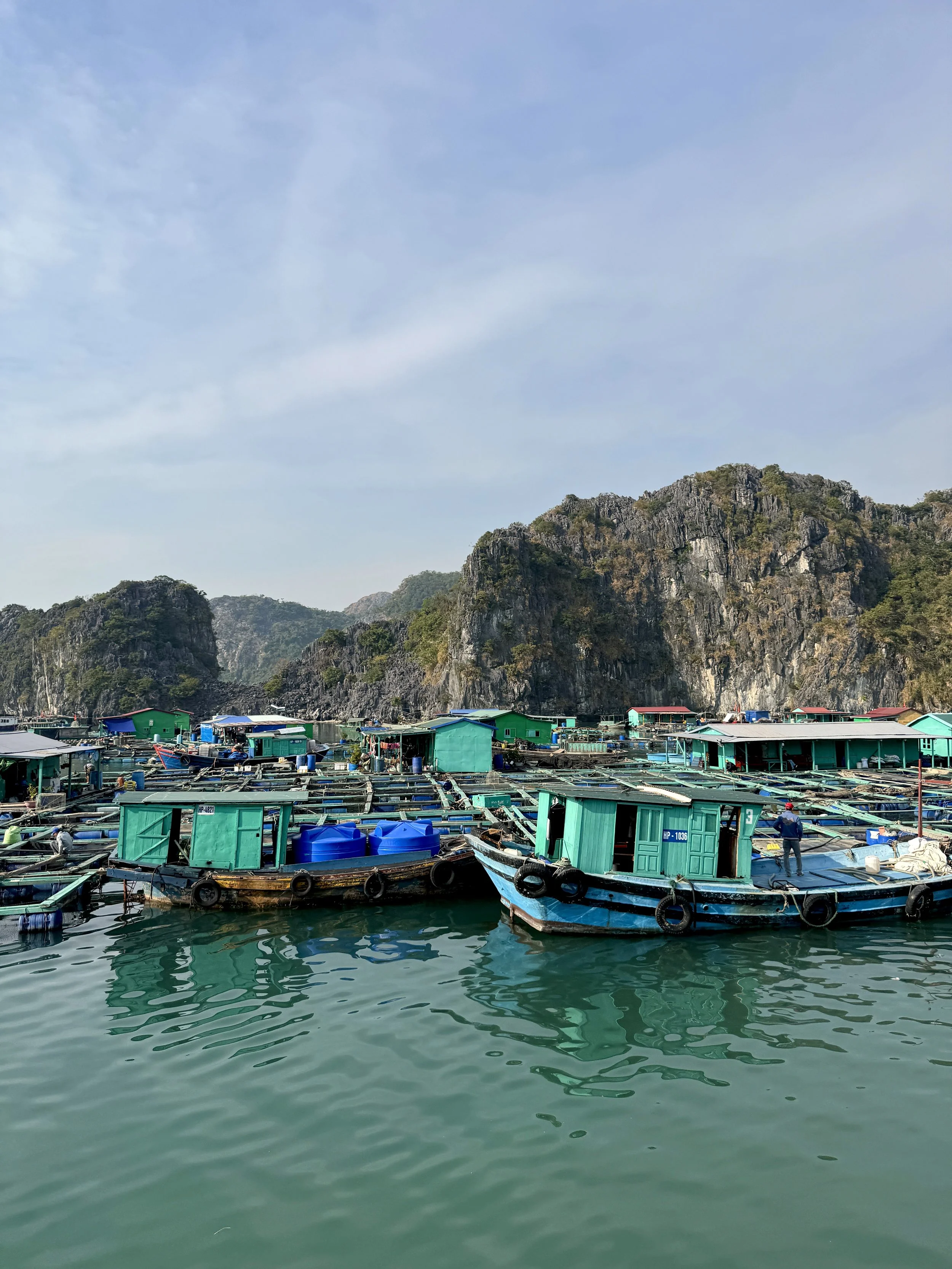 Floating fishing village with boats and wooden houses on a calm body of water, surrounded by green hills and cliffs under a clear sky.