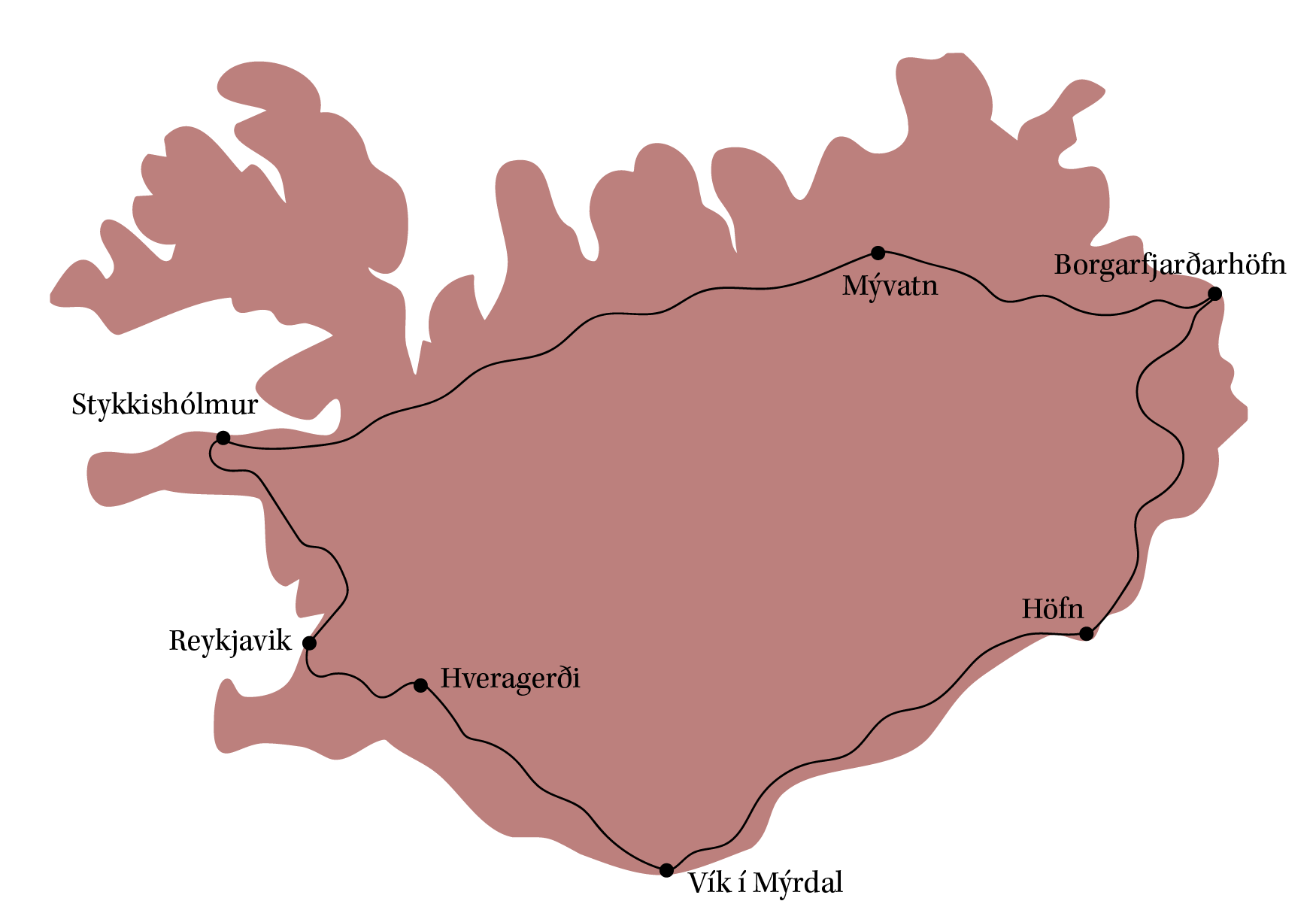 Map of Iceland’s Ring Road route with must-see stops for a 2-week itinerary. Map showing main roads and towns: Borgarnes in the northwest, Aðalvík in the north, Hveragerði in the south, Höfn in the southeast, Myvatn in the northeast.