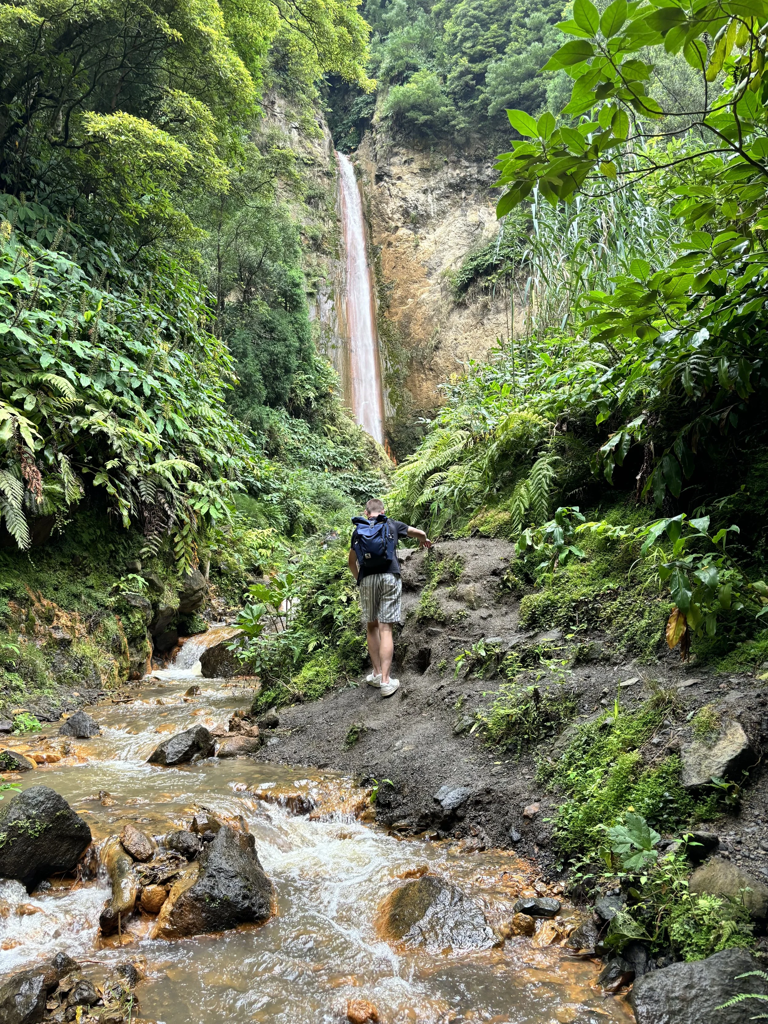Hidden waterfall Cascata da Ribeira Quente framed by mossy rocks and forest, São Miguel — off-the-beaten-path highlight.
