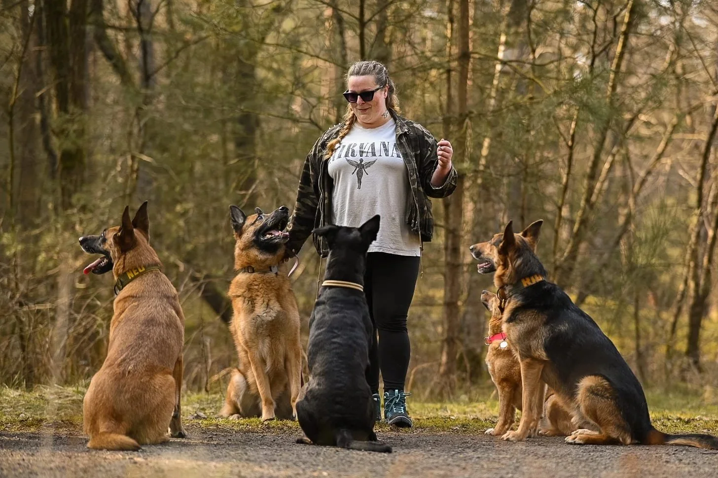 Hundetrainerin der Hundeschule Köter & Kumpanen in Hamburg-West beim Gruppentraining mit fünf Hunden