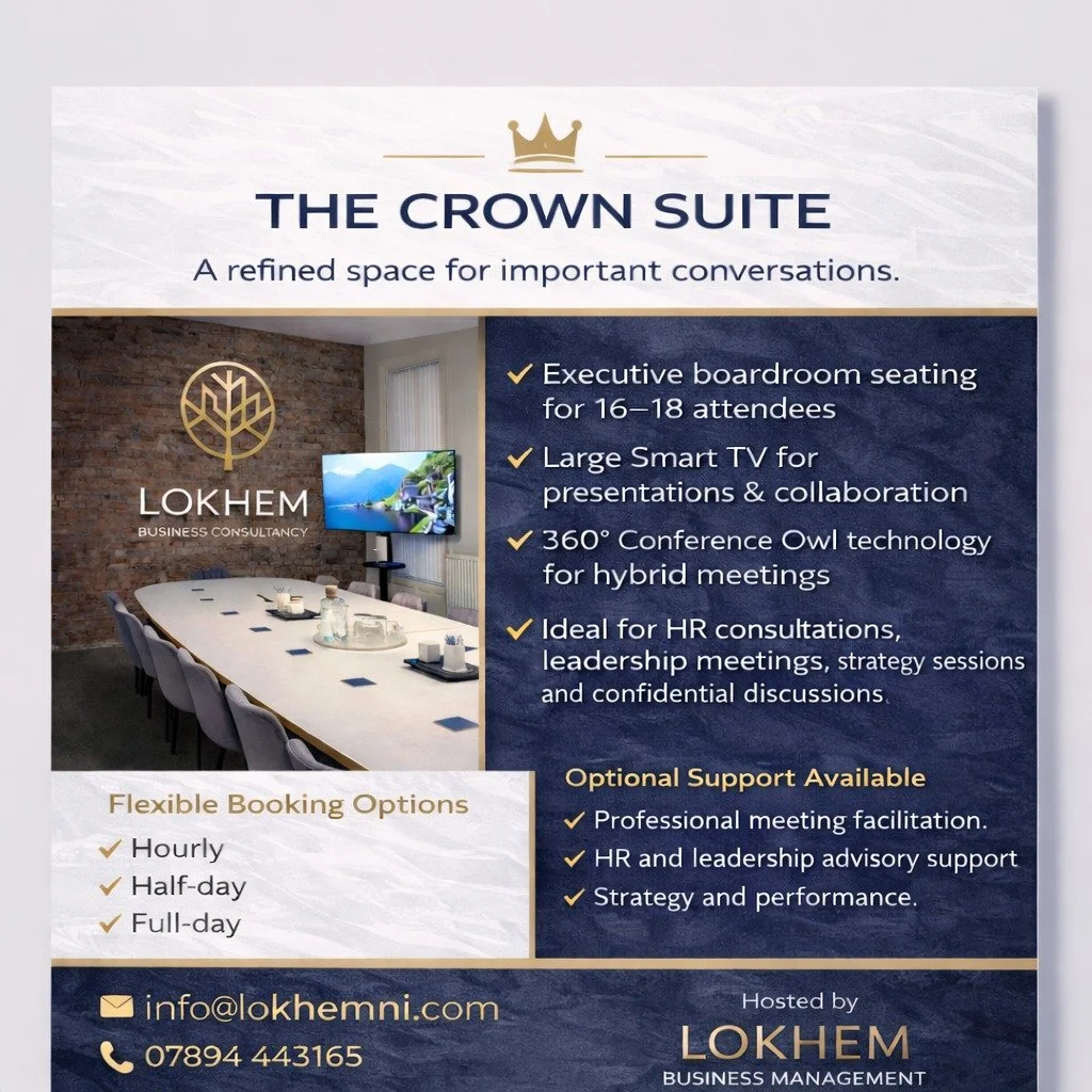 The Crown Suite provides a discreet, professional setting designed for senior leaders, HR professionals, and business owners who need space for meaningful conversations and strategic decision-making.

Whether you're hosting a leadership meeting, HR c