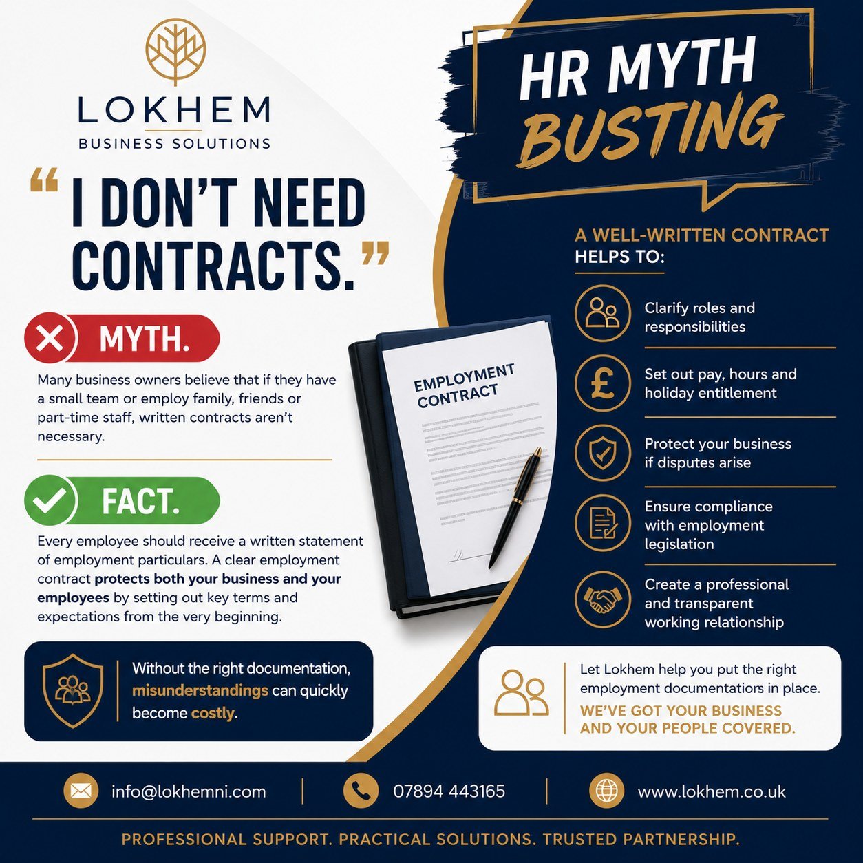 🚫 HR Myth Busting
"I Don't Need Employment Contracts."

❌ Myth.

Many business owners believe that if they have a small team or employ family, friends or part-time staff, written contracts aren't necessary.

✅ Fact.

Every employee should 
