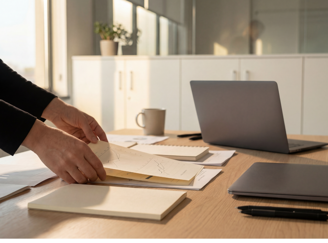 Person organizing documents on a conference table with laptops, notebooks, and a coffee mug in a modern office.