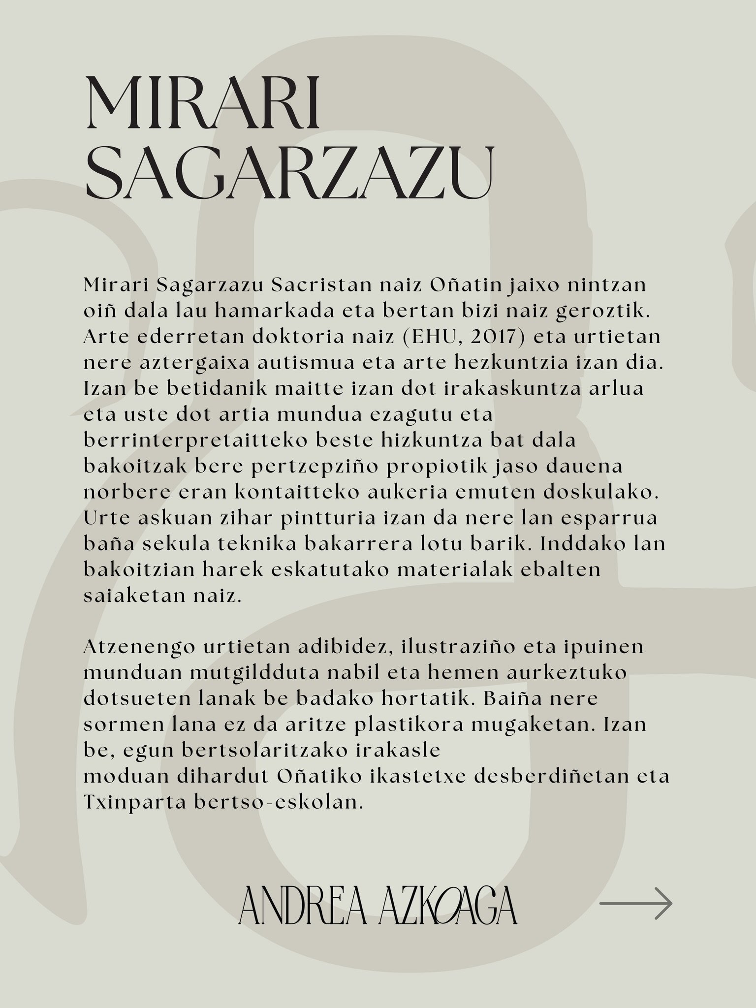 ✨Artea eta Interiorismoa ✨

Gaur gure azken artista aurkeztu nahi dizuet: Mirari Sagarzazu @mirarisagarzazu 

Bere artelana bertatik bertara ikustera gonbidatzen zaitut (gure aurreko artista guztien lanekin batera), maiatzaren 4tik 17ra, O&ntilde;ati