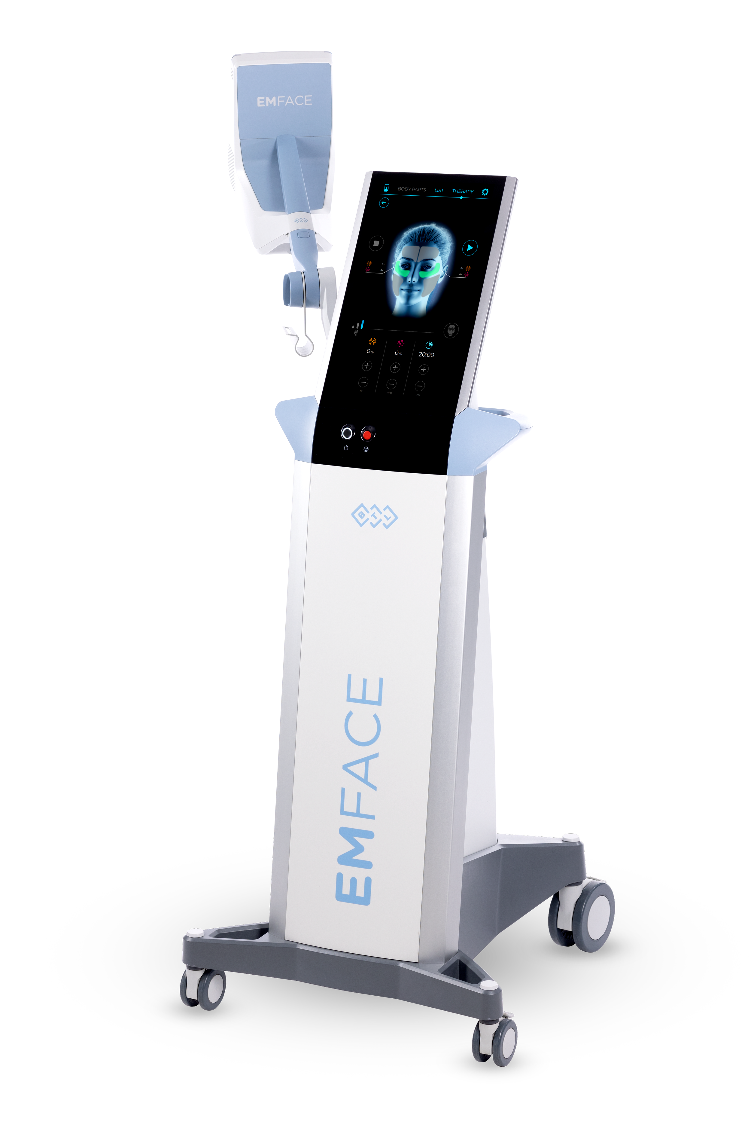 Medical device called EMFACE with a large vertical screen showing a digital face and a handheld applicator attached with a cord, on a wheeled stand.