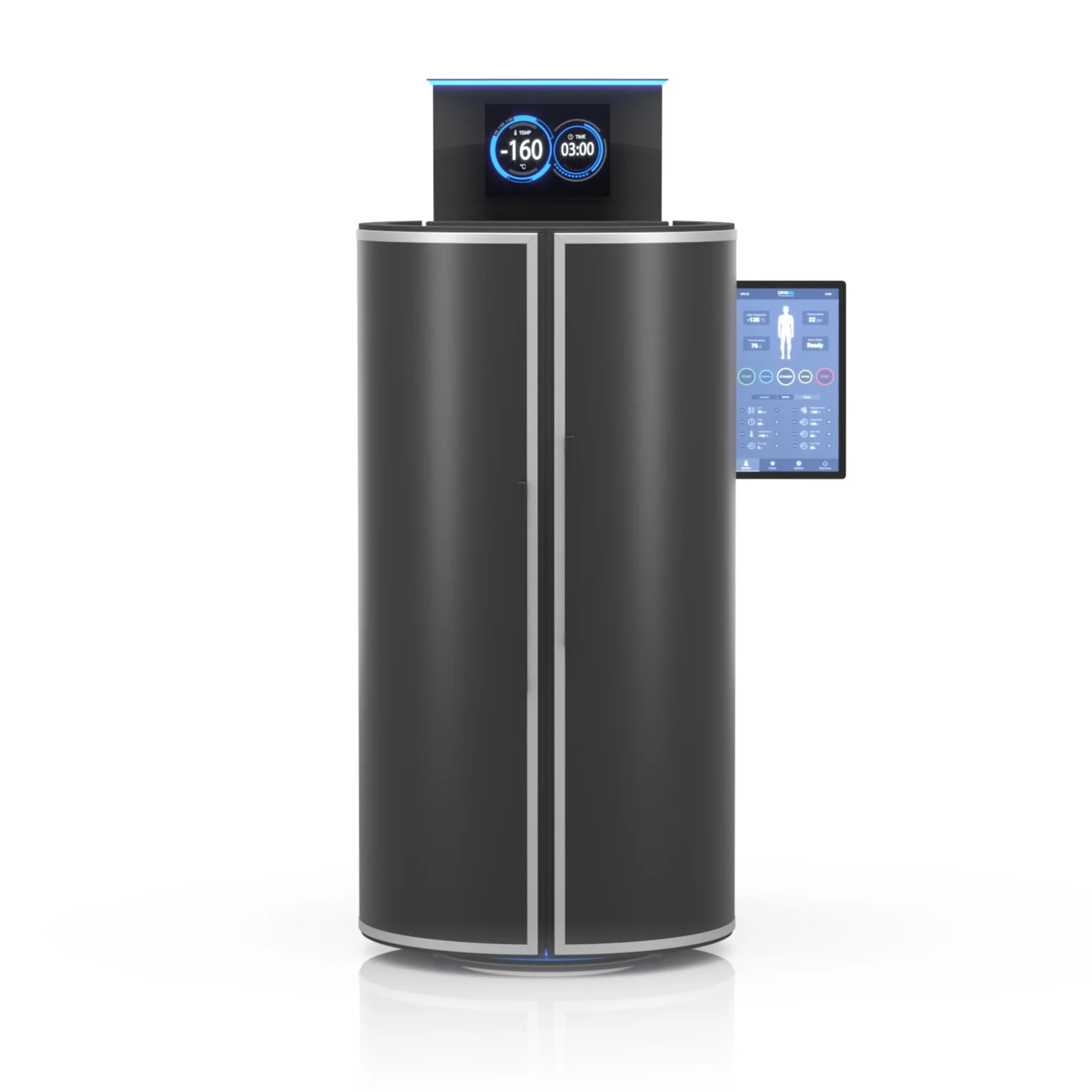 A sleek, modern hyperbaric oxygen therapy chamber with a digital control screen and a top display showing temperature of -160°C and a 3-minute timer.