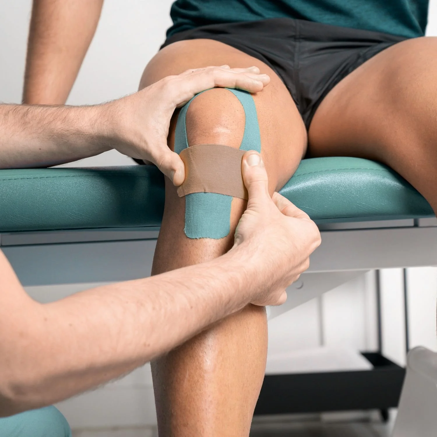 A physical therapy session where a therapist applies kinesiology tape to a patient's knee.