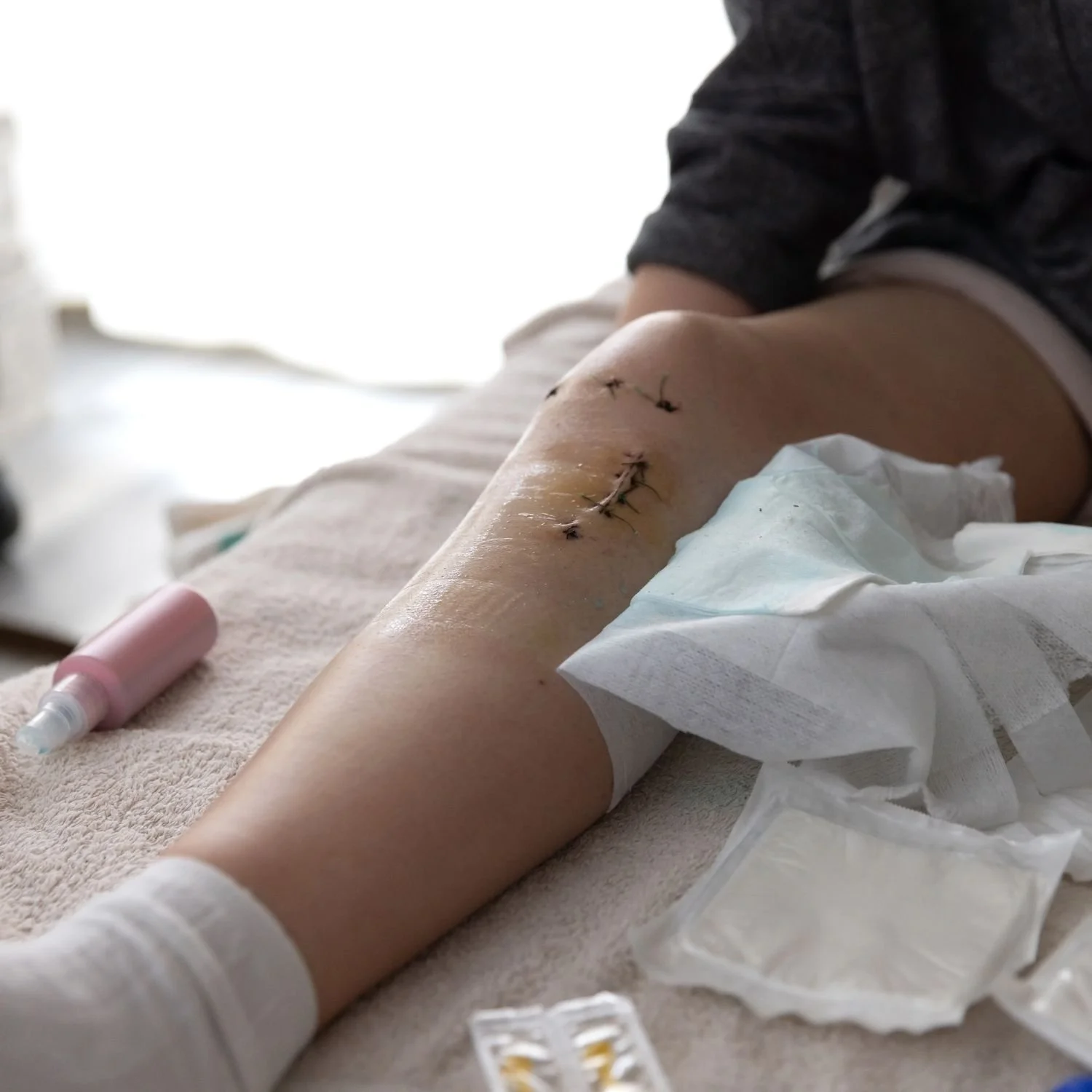 A person's leg with stitches and bandages post-surgery, lying on a bed with medical supplies nearby.