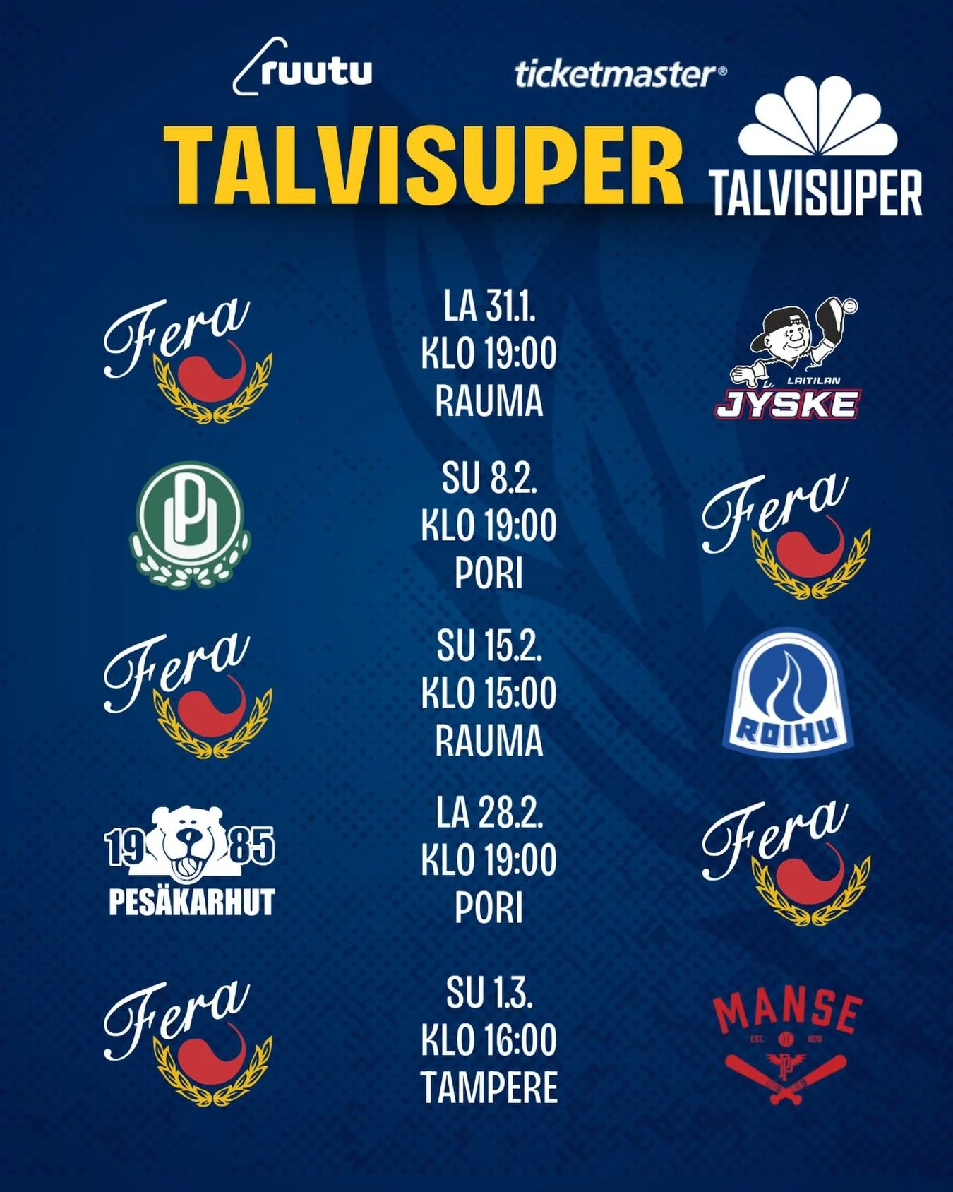 ‼️AIKATAULUMUUTOS‼️

1.3.2026 Tampereella pelattavan Fera-Manse ottelun alku on aikaistettu 16:00 alkavaksi. Aiemmin ottelun oli m&auml;&auml;r&auml; alkaa klo 19:00. 

Muut otteluaikataulut pysyv&auml;t ennallaan!

#fera #ferarauma #ferapesis #super