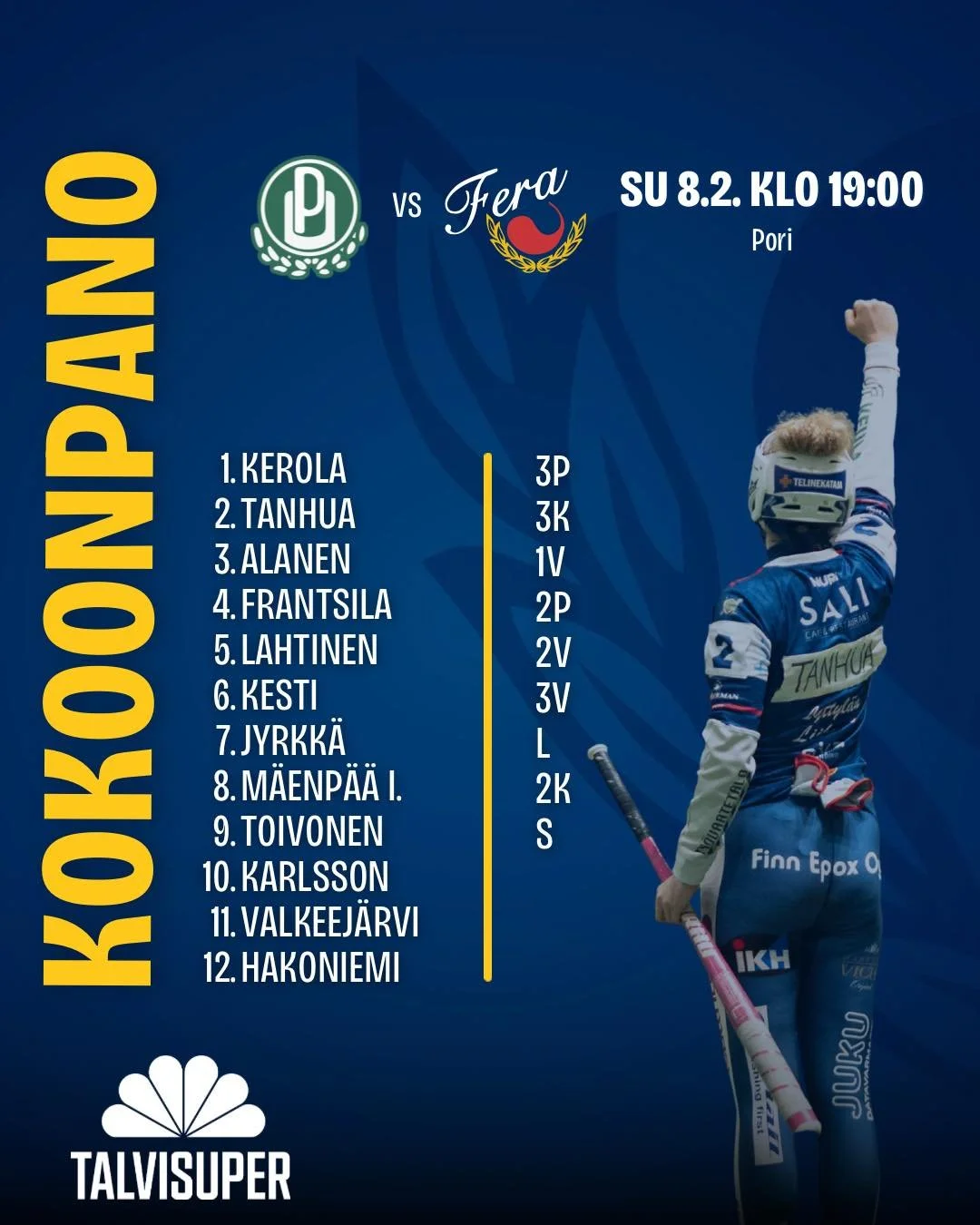 P&auml;iv&auml;n kokoonpano!🔥

T&auml;n&auml; iltana Talvisuper jatkuu Porissa, kun meill&auml; on vastassa P&ouml;yty&auml;n Urheilijat. Kokoonpanoon hieman muutoksia viime pelist&auml;. T&auml;ll&auml; kohti seuraavaa voittoa!🫵🏼

Voit katsoa ott