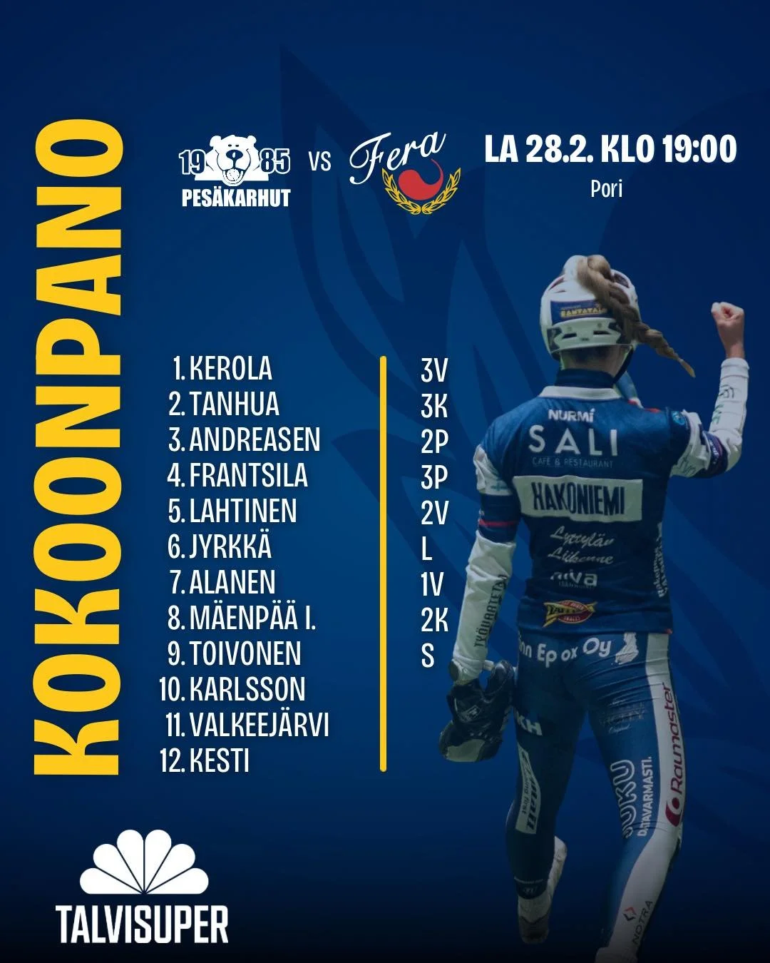 Poriin l&auml;hdet&auml;&auml;n taistelemaan pudotuspelipaikasta kuvan mukaisella kokoonpanolla🫡

Viikonloppuna selvi&auml;&auml;, ketk&auml; kolmesta joukkueesta jatkavat kohti pudotuspelej&auml;🔥

📺Jos et p&auml;&auml;se kannustamaan paikan p&au