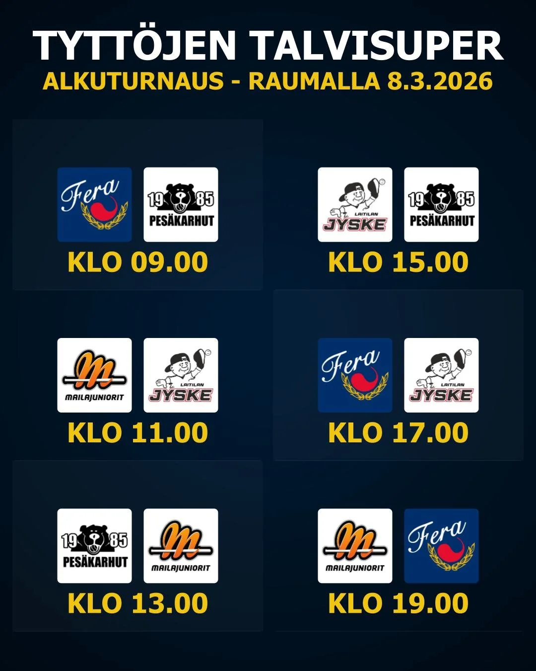 T&auml;ll&auml; viikolla pelataan tytt&ouml;jen Talvisuperin alkuturnaus Raumalla! 🔥

Sunnuntaina 8.3. Rauman Talviharjoitteluhallissa paikoista lopputurnaukseen taistelevat Fera, Laitilan Jyske, Mailajuniorit Kankaanp&auml;&auml;st&auml; ja Pes&aum