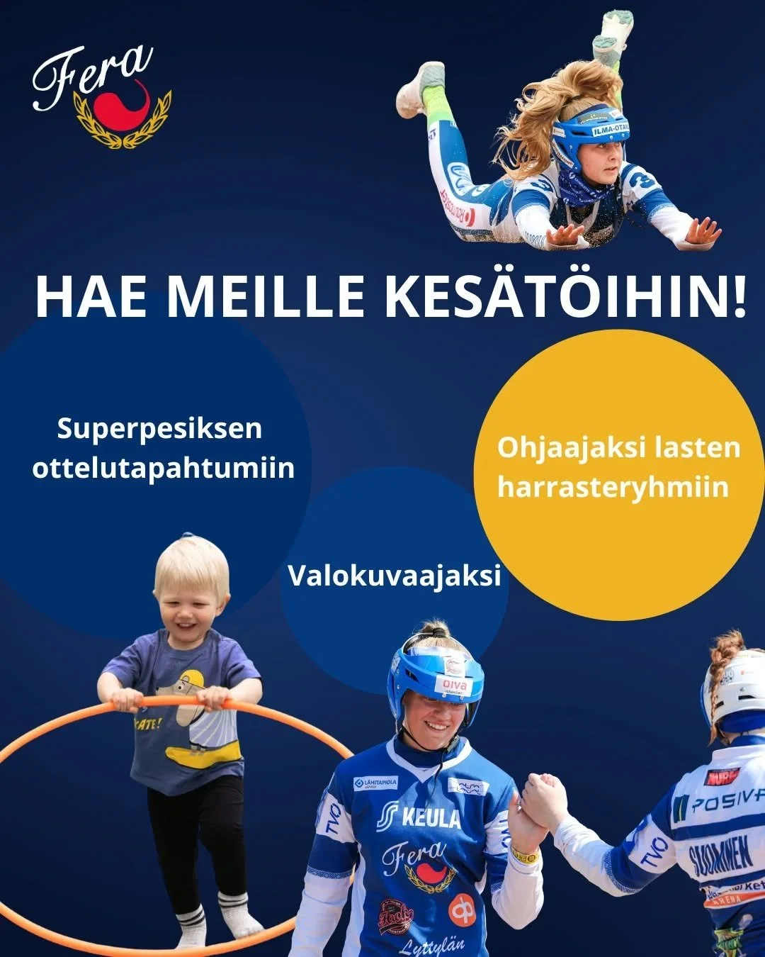 ☀️ Hae meille kes&auml;t&ouml;ihin! ☀️

Etsimme kes&auml;ksi innokkaita tekij&ouml;it&auml; monipuolisiin teht&auml;viin. Tarjolla on paikkoja esimerkiksi valokuvaajalle, Superpesiksen ottelutapahtumien toteutukseen sek&auml; lasten harrasteryhmien o