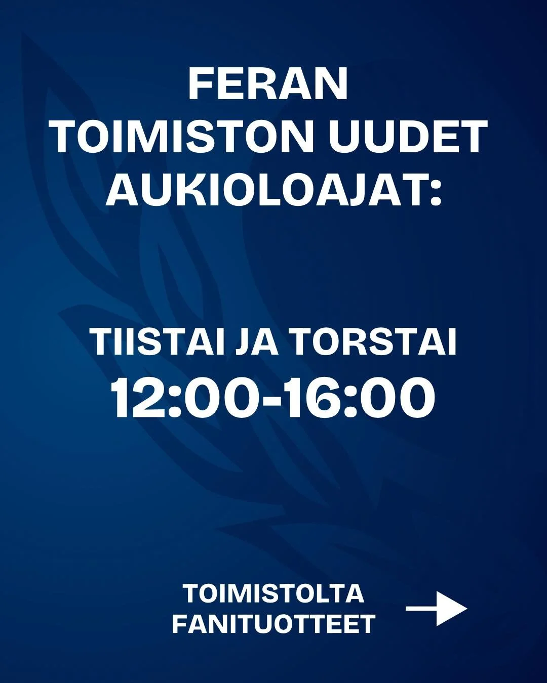 🔵TOIMISTON AUKIOLOAJAT🔵

Feran toimisto on jatkossa auki tiistaisin ja torstaisin 12:00-16:00. 

📍Toimisto sijaitsee Buena Vista Areenan l&auml;heisyydess&auml; osoitteessa Urheilukatu 13. 

Toimistolta voit k&auml;yd&auml; ostamassa mm. kes&auml;