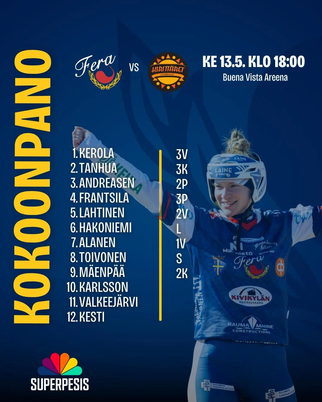 Pelip&auml;iv&auml;n kokoonpano Kiritt&auml;ri&auml; vastaan🔥

T&auml;ll&auml; kokoonpanolla l&auml;hdet&auml;&auml;n taistelemaan pisteist&auml; kotiareenalla. Nyt lippukaupoille ja katsomoon kannustamaan kotijoukkue voittoon!💪🏼

#fera #ferapesis