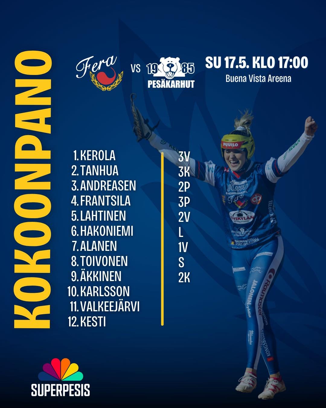 T&auml;m&auml; kokoonpano n&auml;hd&auml;&auml;n t&auml;n&auml;&auml;n Otanlahden paikallistaistossa Pes&auml;karhuja vastaan🔥🐯

Petra &Auml;kkinen p&auml;&auml;see irti kakkoskoppariksi. Muuten samalla jengill&auml; l&auml;hdet&auml;&auml;n🫡

Odo