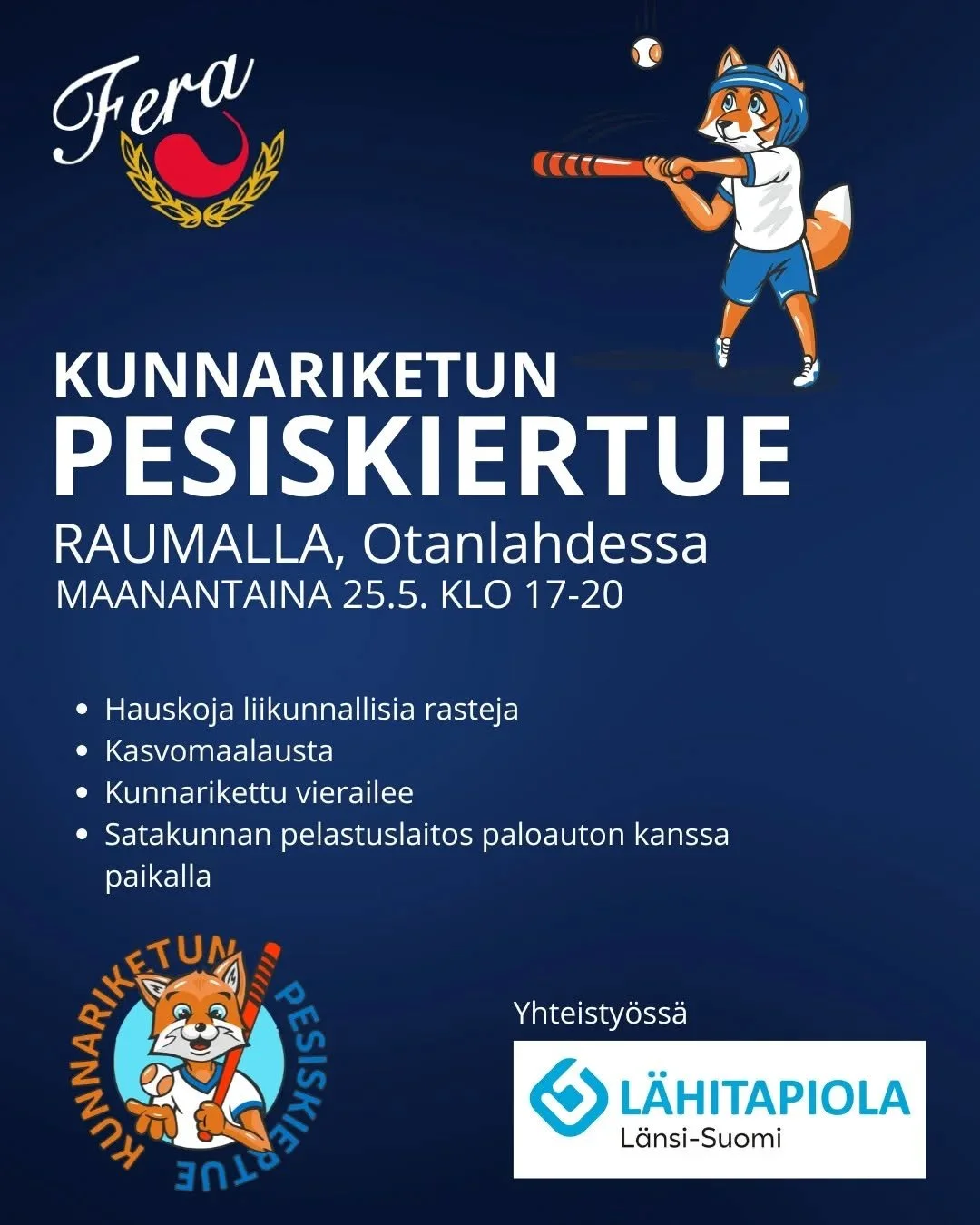 Kunnariketun pesiskiertue saapuu ilahduttamaan lapsia ensi maanantaina 25.5. Otanlahden Retta Stadionille 🦊 

Kiertueen rastipisteet avautuvat lapsivieraille ja touhut jatkuu aina klo 20 asti. 

Tervetuloa koko perheen voimin moikkaamaan Kunnarikett