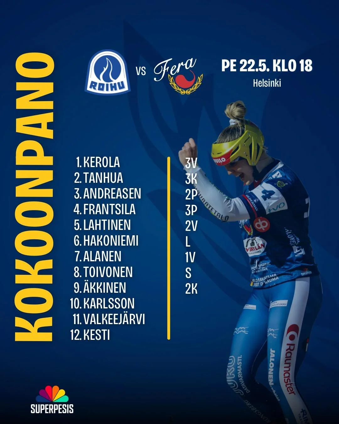 Samalla kokoonpanolla jatketaan t&auml;n&auml; iltana Roihuttaria vastaan!💥

Tuu kannustamaan Feraa Roihuvuoreen tai vaihtoehtoisesti avaa Ruutu+ ja peli p&auml;&auml;lle. Ottelu k&auml;ynnistyy klo 18! 

N&auml;ht&auml;viss&auml; on entist&auml; ko