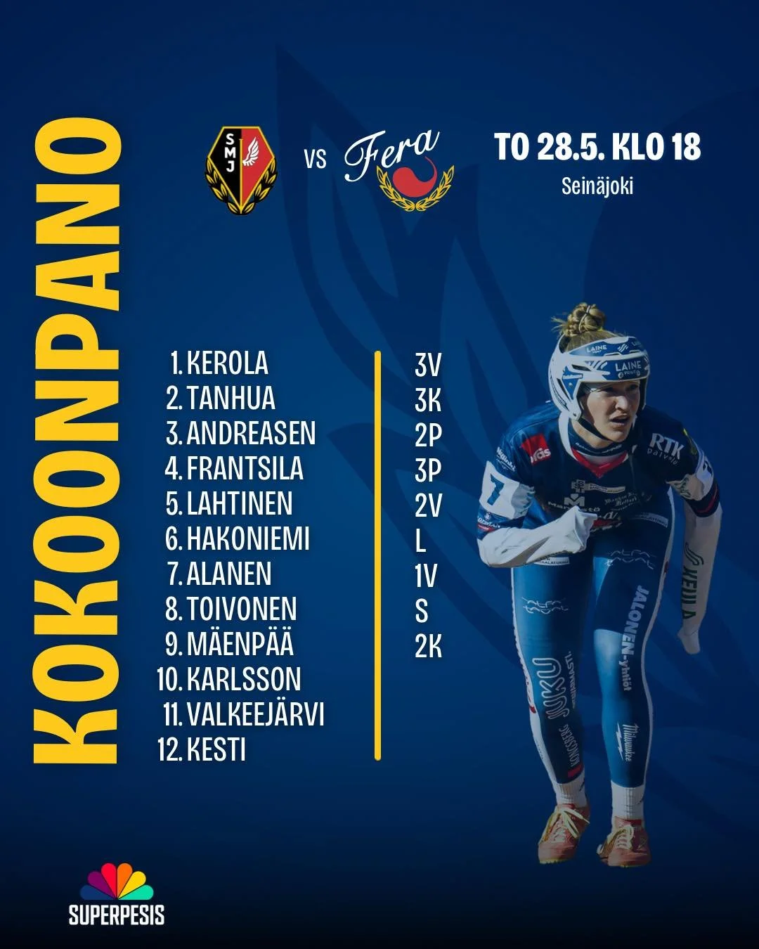 Kokoonpano Sein&auml;joelle!🫡

Samalla jengill&auml; jatketaan t&auml;n&auml;&auml;n Sein&auml;joella. Tavoitteena on tietysti voitto ja pisteet kotiin🔥

📺Muista seurata ja tunnelmoida ottelua Ruutu+ l&auml;hetyksen kautta

#fera #ferarauma #ferap
