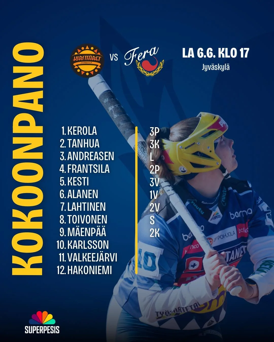 T&auml;n&auml;&auml;n k&auml;ynnistyy tuplapeliviikonloppu Jyv&auml;skyl&auml;ss&auml; t&auml;ll&auml; kokoonpanolla!🔥

Muutosten tuulet puhalsivat ja kokoonpano muuttui aiemmista peleist&auml;. T&auml;n&auml;&auml;n l&auml;hdet&auml;&auml;n ry&ouml