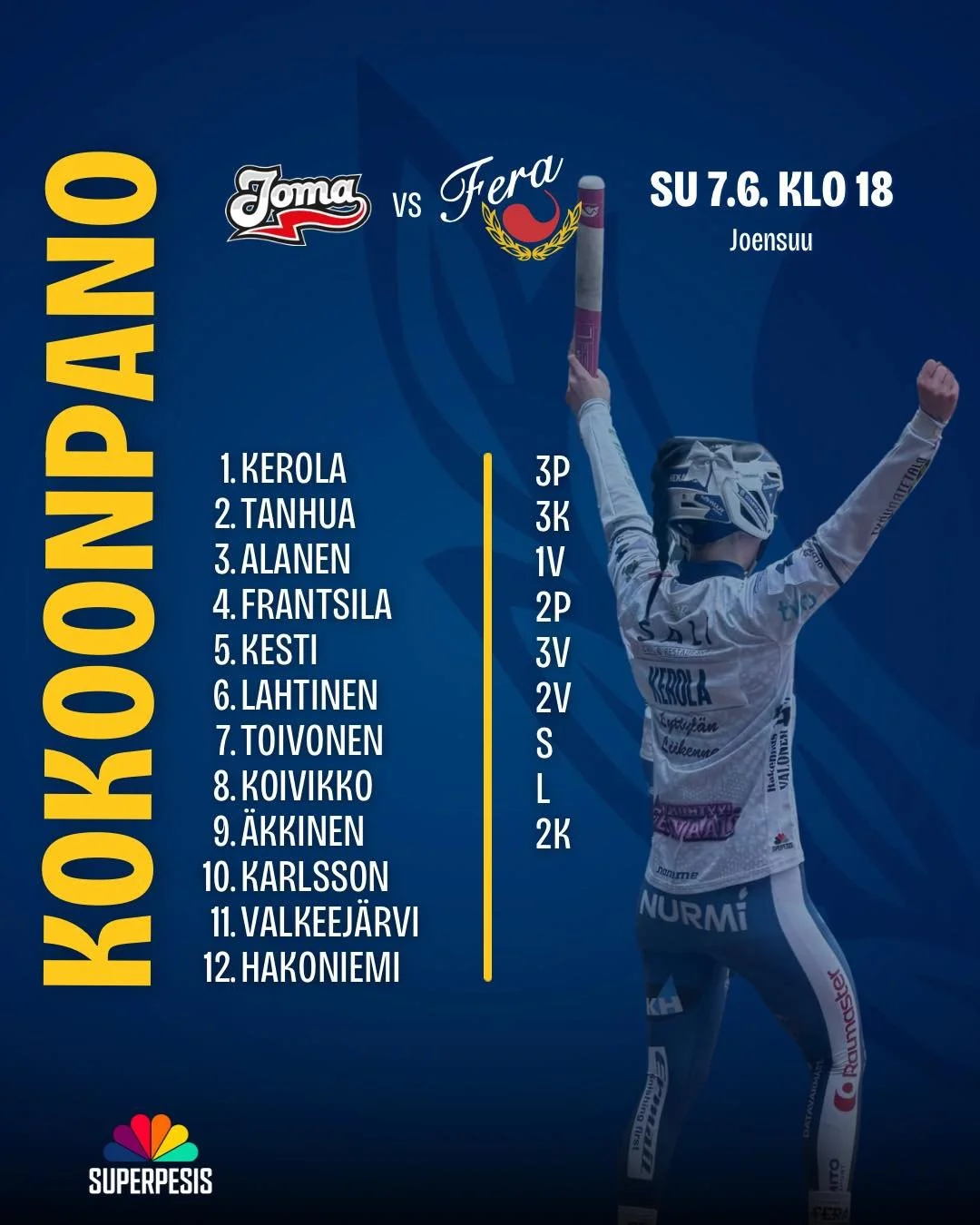Kokoonpano Joensuun Mailaa vastaan!🔥

Eilinen on j&auml;tetty taakse ja t&auml;n&auml;&auml;n ollaan Joensuussa uudessa iskussa hieman muuttuneella kokoonpanolla. Sara Koivikko hypp&auml;&auml; lautasen &auml;&auml;relle uutena kasvona Ferassa. T&au