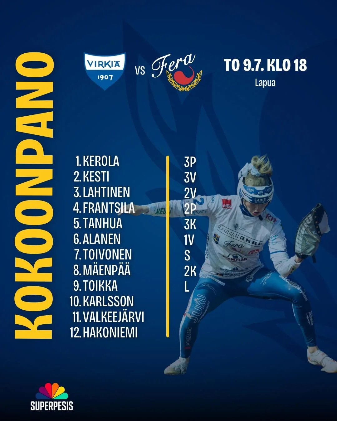 T&auml;n&auml; iltana l&auml;hdet&auml;&auml;n hakemaan voittoputkelle jatkoa Lapualta kuvan mukaisella kokoonpanolla🔥

📍K Power Stadion, Lapua
📅 9.7.2026 klo 18:10

📺Ottelu on n&auml;ht&auml;viss&auml; poikkeuksellisesti SUORANA ja ILMAISEKSI TV