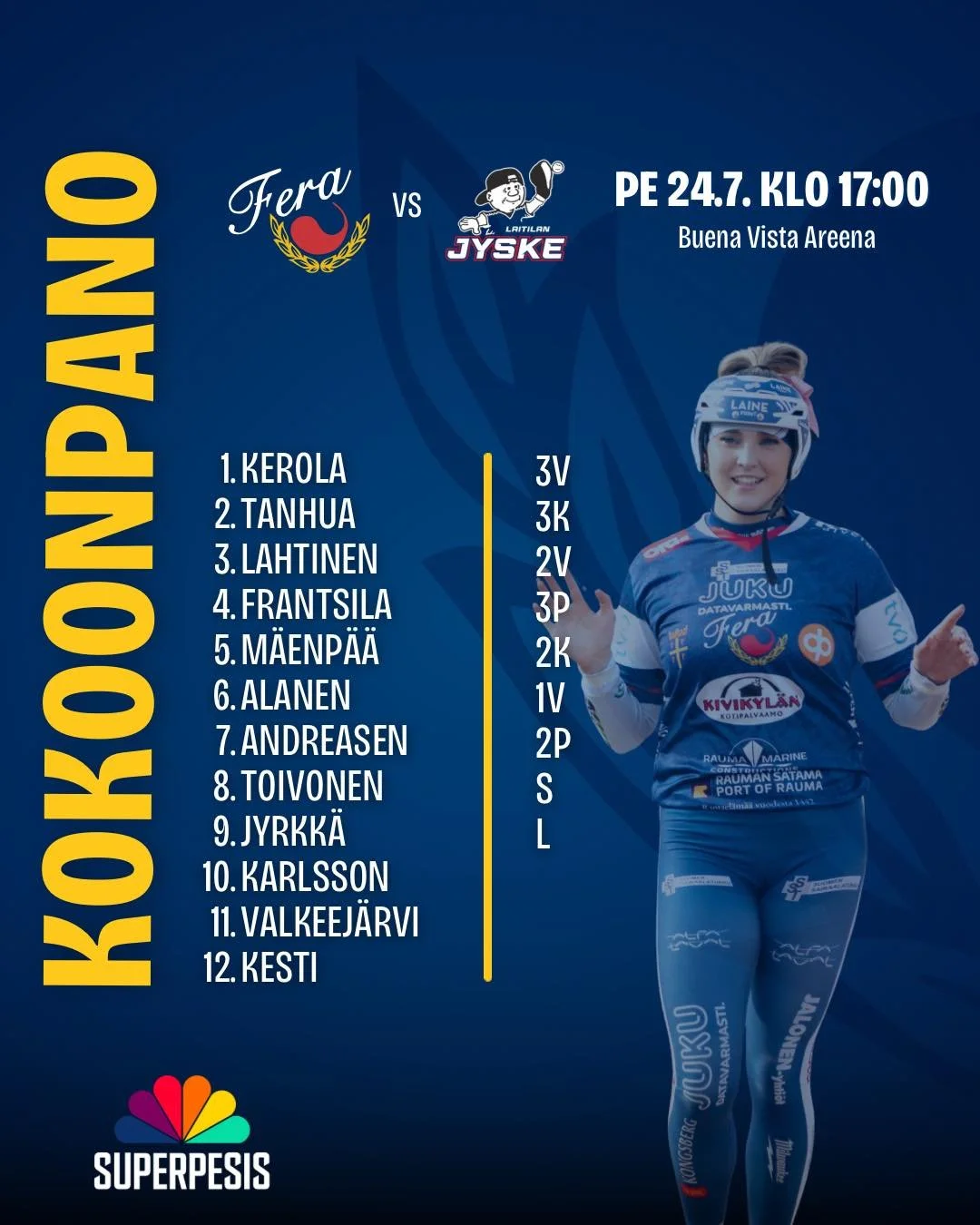 Pitsispesiaalin kokoonpano on kuvan mukainen!😎

Paikalliskamppailuun l&auml;hdet&auml;&auml;n muuttuneella kokoonpanolla. Jyrkk&auml; saadaan pitk&auml;n ajan j&auml;lkeen takaisin lautasen &auml;&auml;relle ja Andreasen linjaan🫡

Nyt on SUN aika l