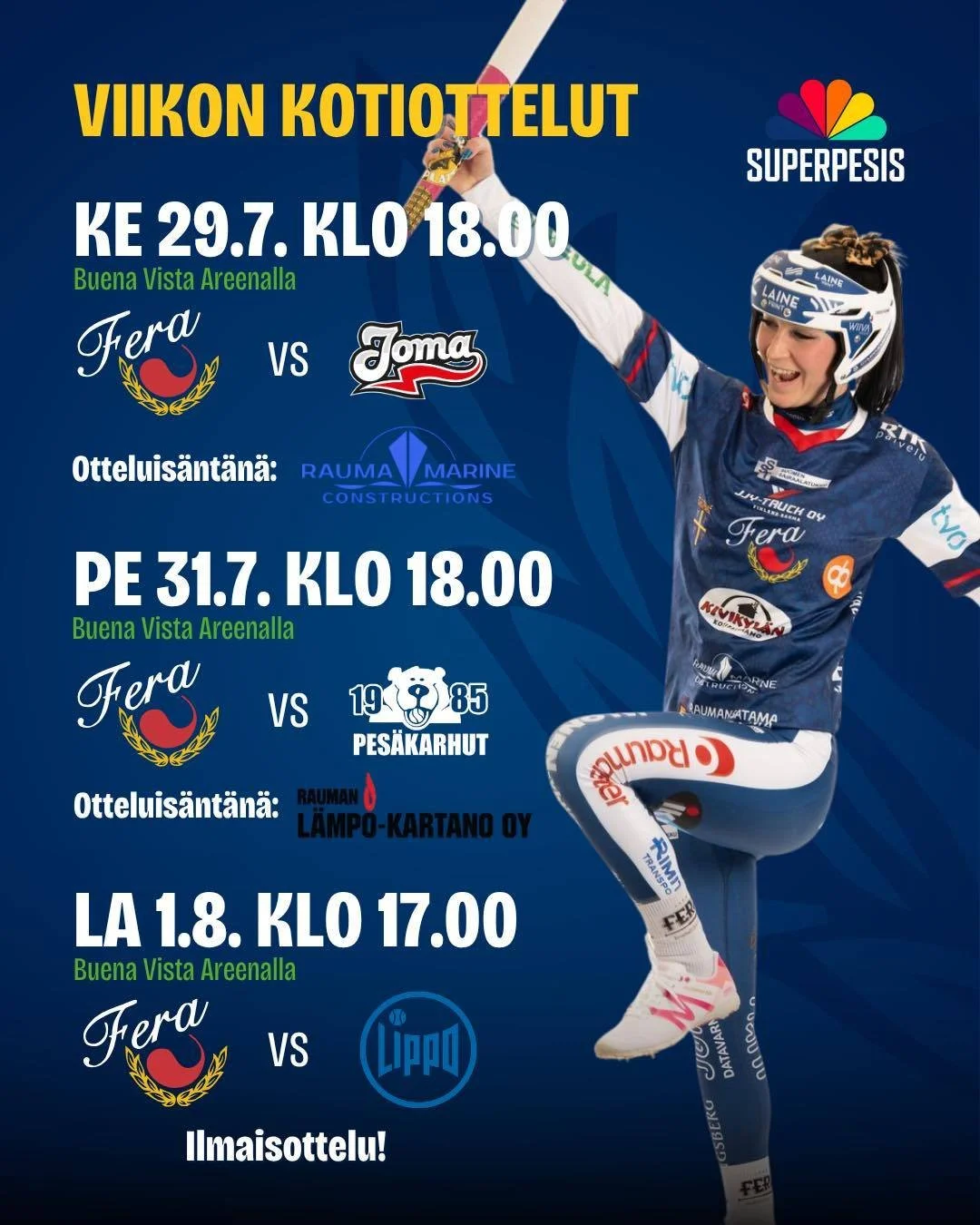 𝑬𝒊 𝒕𝒖𝒑𝒍𝒂 𝒗𝒂𝒂𝒏 𝑻𝑹𝑰𝑷𝑳𝑨 𝑲𝑶𝑻𝑰𝑷𝑬𝑳𝑰𝑽𝑰𝑰𝑲𝑲𝑶!

T&auml;ll&auml; viikolla pelataan per&auml;ti KOLME kotipeli&auml;! Nyt olisi pesisfaneille tarjolla viihdett&auml; Buena Vista Areenalla😎

Keskiviikkona peliviikko aloitetaan Veer