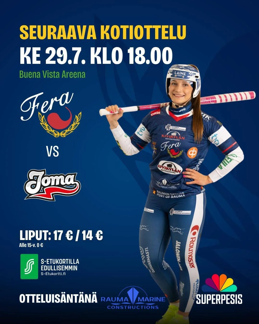 Huomenna alkaa kolmen kotiottelun viikko Buena Vista Areenalla ja vastassa Joensuun Maila!🔥

📍Buena Vista Areenalla
📅 29.7.2026 klo 18
🎟️ Liput 17&euro;/14&euro;
💚 S-Etukortilla -2&euro;

🤝🏻 Otteluis&auml;nt&auml;n&auml; peliss&auml; on Rauma 