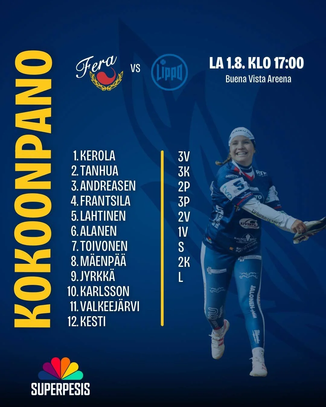 T&auml;ll&auml;isell&auml; kokoonpanolla l&auml;hdet&auml;&auml;n triplan viimeiseen koitokseen Oulun Lippoa vastaan🫡

Tuu s&auml;kin kannustamaan viel&auml; viimeisen kerran t&auml;ll&auml; viikolla Feraa💙

🎟️Peliin on yhteisty&ouml;kumppaneidemm