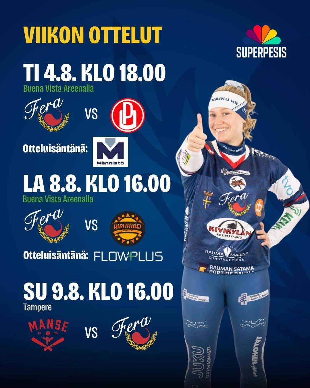 J&auml;lleen alkaa uusi triplaviikko😮&zwj;💨

Huomenna ja lauantaina taistellaan kotiareenalla, mutta sunnuntaina matkataan Tampereelle haastamaan Manse. 

📍Buena Vista Areenalla
📅 4.8. ja 8.8.2026
🎟️ Liput 17&euro;/14&euro;
💚 S-Etukortilla -2&e
