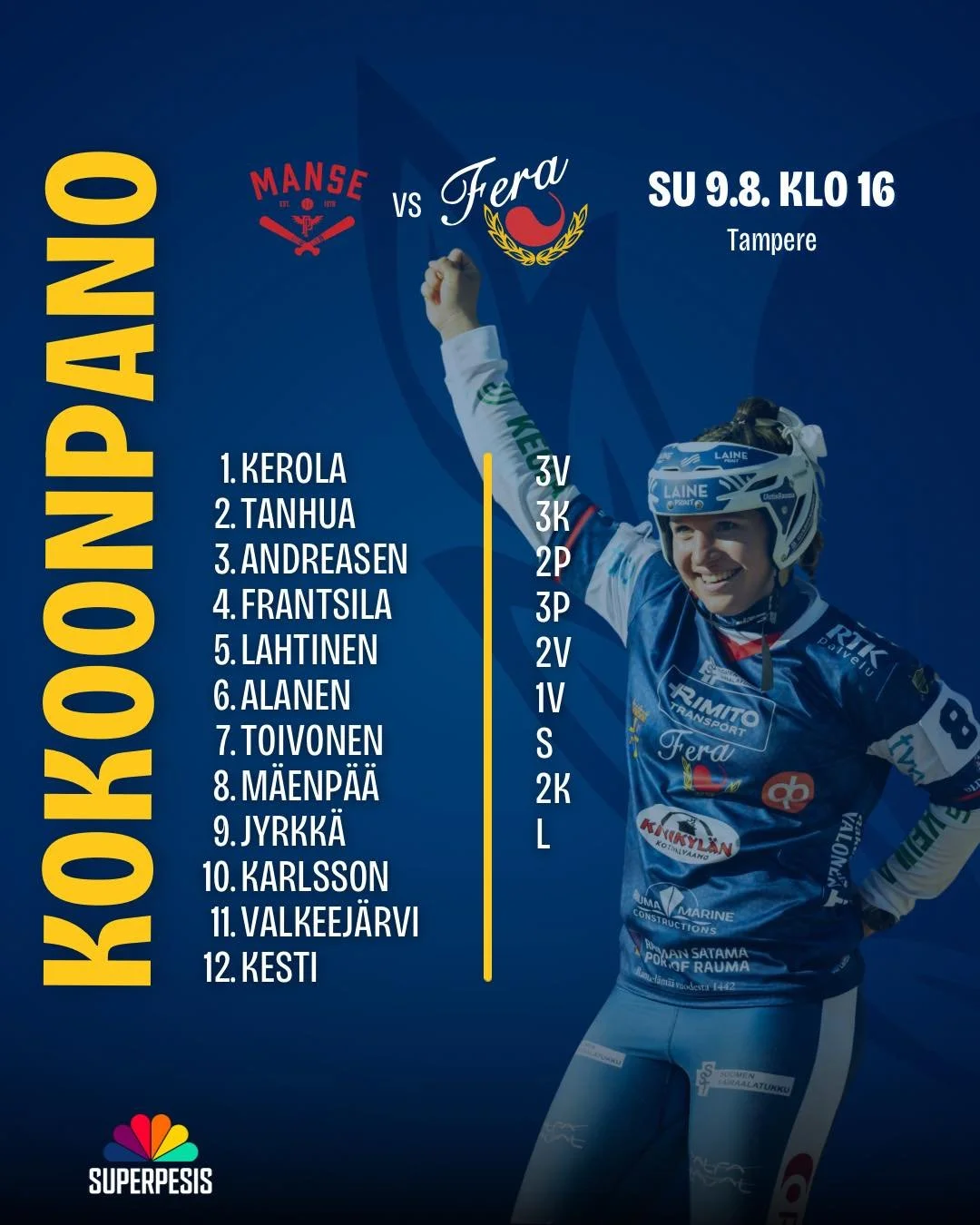 Runkosarja p&auml;&auml;t&ouml;kseen t&auml;ll&auml; kokoonpanolla Tampereella!

📍Kaupin pes&auml;pallostadion, Tampere
📅 9.8.2026 klo 16
📺Tunnelmiin p&auml;&auml;set mukaan Ruutu+ kautta

#fera #ferarauma #ferapesis #superpesis