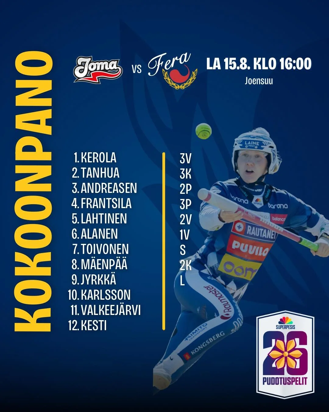 T&auml;n&auml;&auml;n alkaa meid&auml;n puoliv&auml;lier&auml;t Joensuussa🤩

Kokoonpanossa tai energiassa ei muutoksia. Tavoite: voitto!🫡

📺Ruutu+ v&auml;lityksell&auml; mukaan tunnelmiin

#fera #ferarauma #ferapesis #superpesis.
