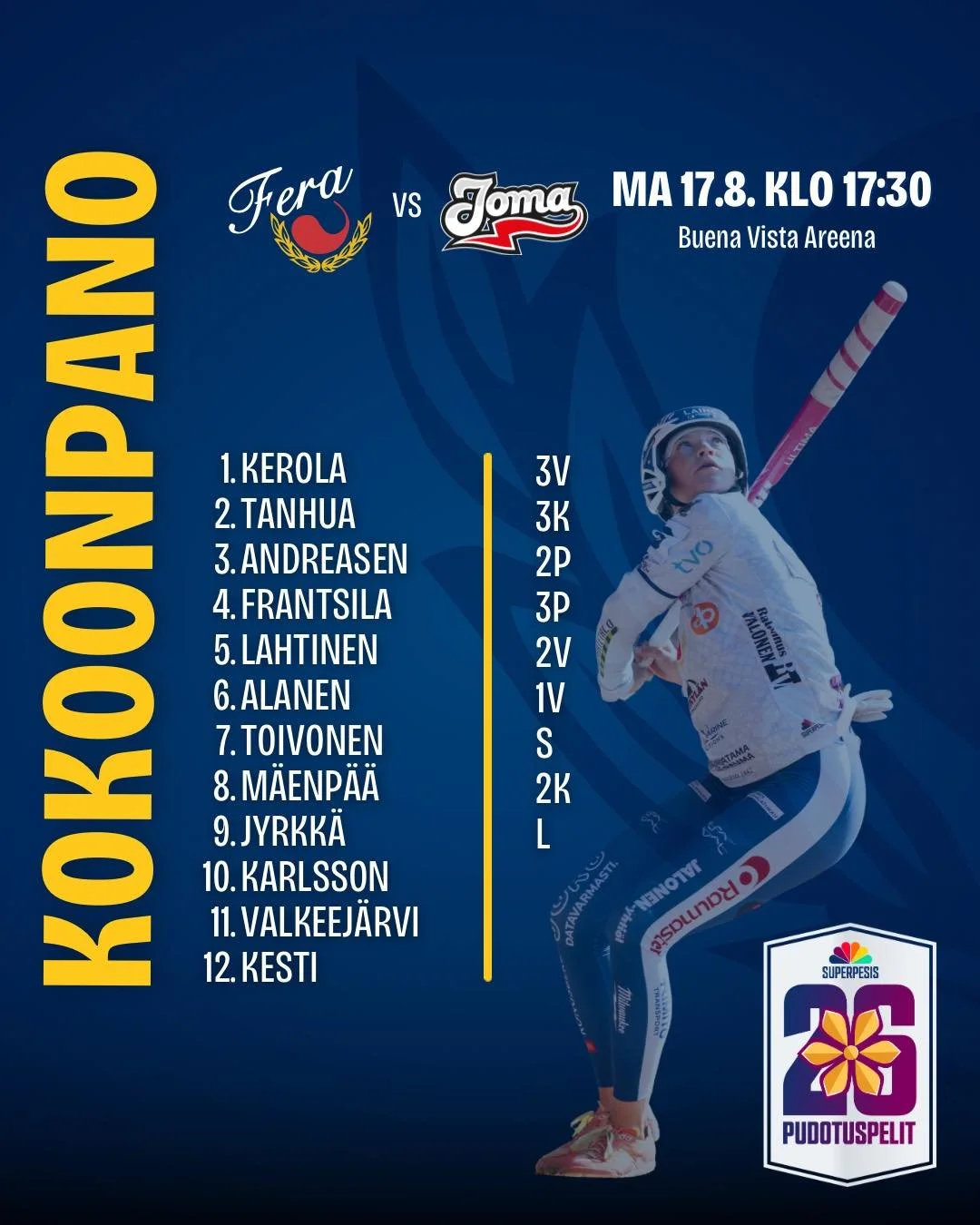 T&auml;n&auml;&auml;n jatketaan puoliv&auml;lieri&auml; Buena Vista Areenalla ja kent&auml;ll&auml; n&auml;hd&auml;&auml;n edellisist&auml; peleist&auml; tuttu kokoonpano🔥

Portit aukeaa klo 16:30 ja ottelu alkaa 17:30. N&auml;hd&auml;&auml;n katsom