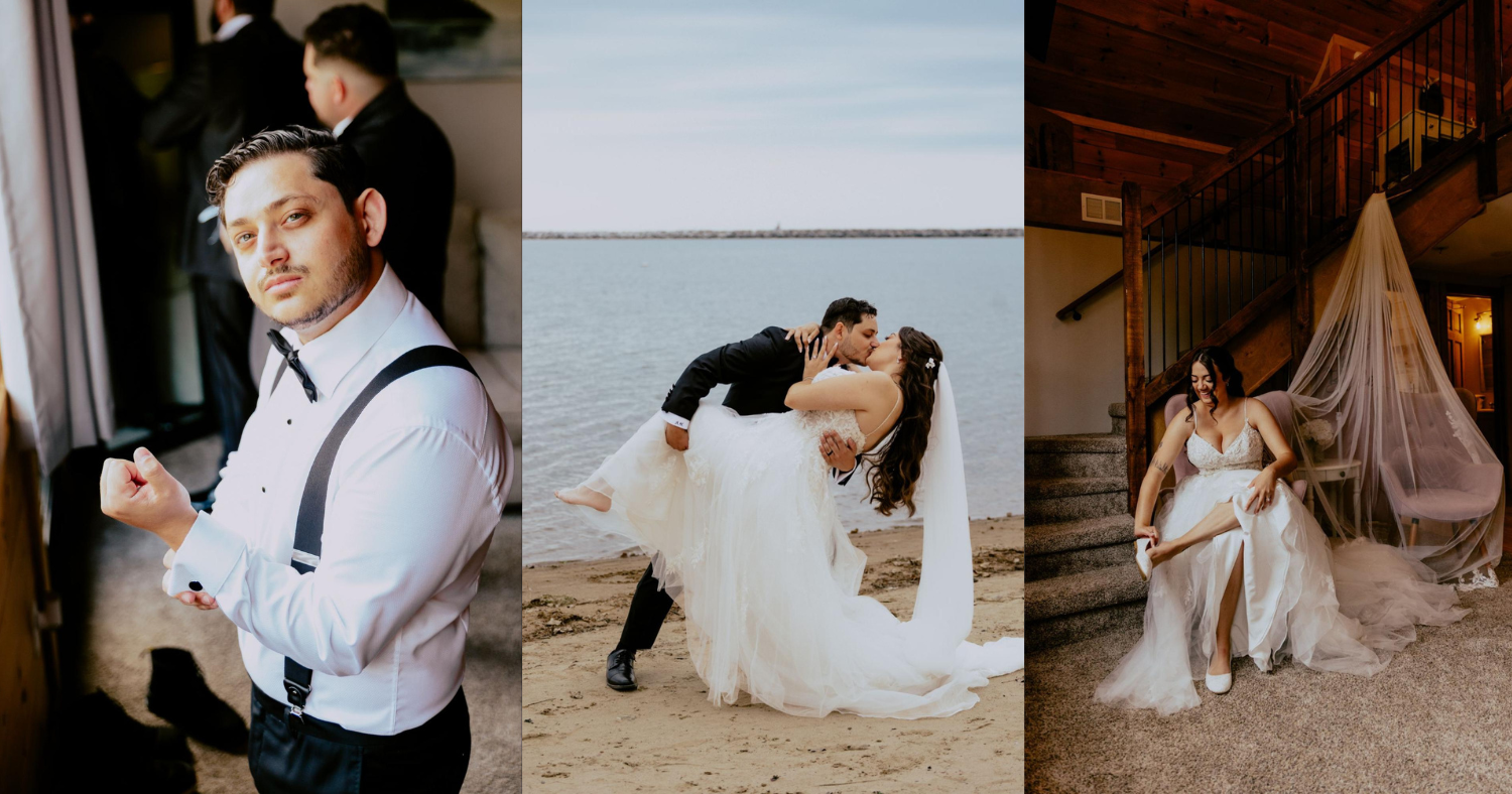 Detroit wedding photographer capturing the groom getting ready, romantic beach wedding portraits, and the bride preparing for her wedding day.