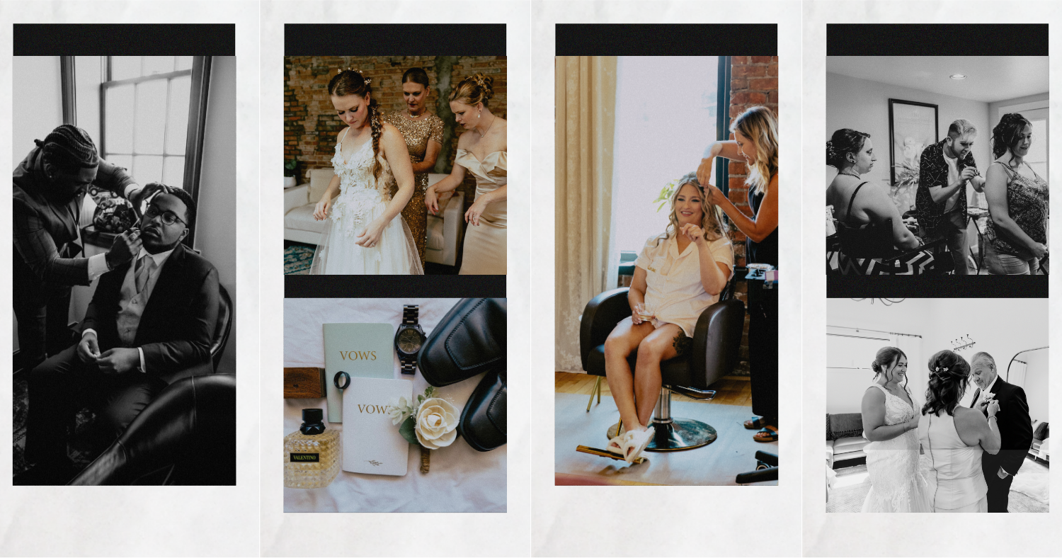 Wedding day getting ready moments featuring the bride and groom, bridal details, hair and makeup, and emotional pre-ceremony preparations captured by a Detroit wedding photographer.